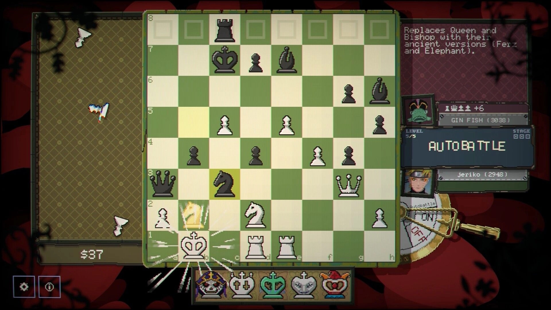 Gambit: Auto Battle chessboard with highlighted king and pieces, enemy info panel and modifiers UI.