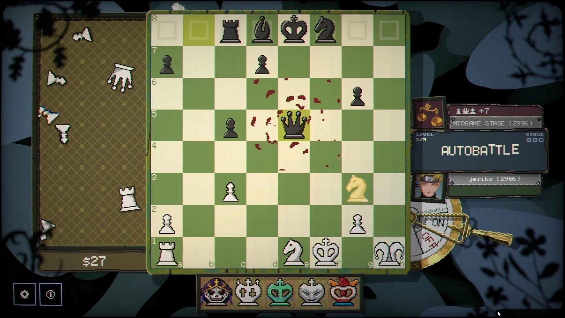 Gambit: Autobattle chessboard with queen centered, move arrows on left, stage panel on right.