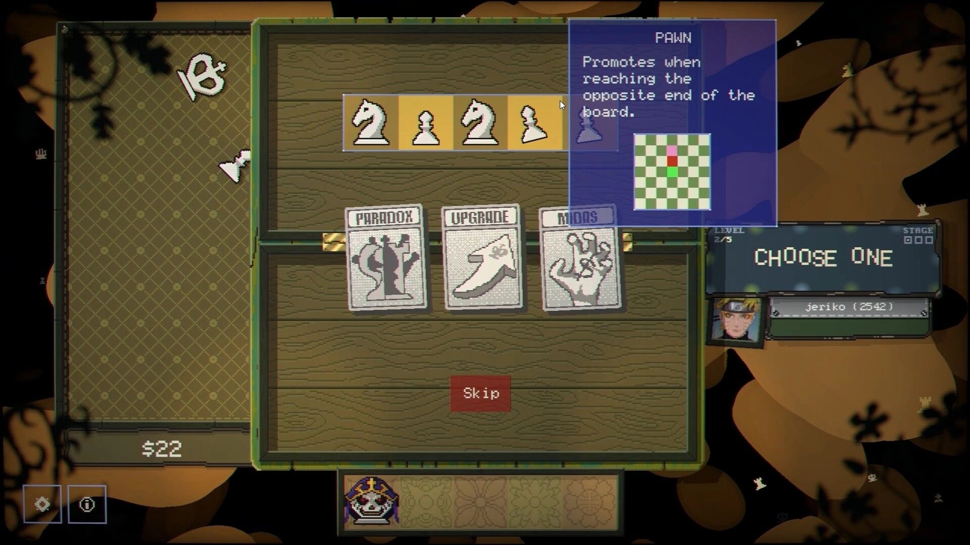 Gambit: Choose One perk screen with Paradox, Upgrade, Midas cards and pawn tooltip overlay.