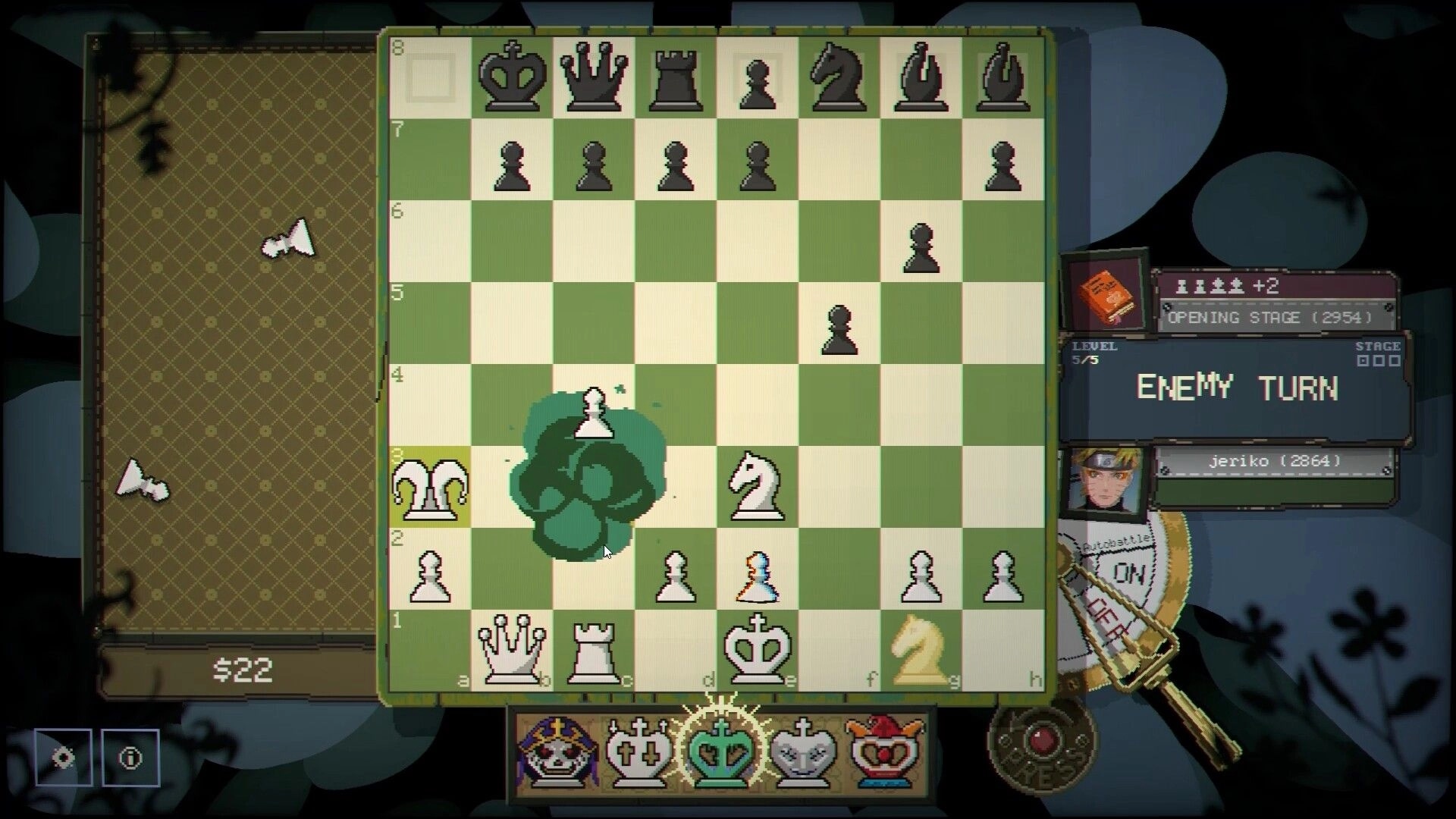 Gambit: Chessboard battle UI with pieces midgame and “ENEMY TURN” banner beside stage panel.