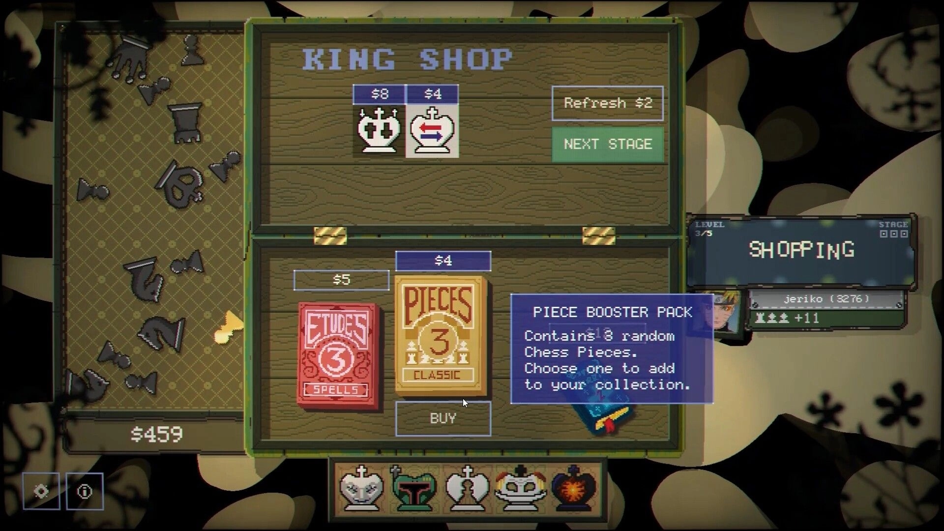 Gambit: King Shop shopping menu with booster pack tooltip, Refresh and Next Stage buttons on board.