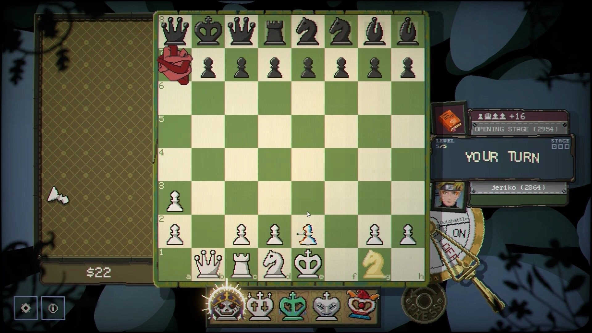 Gambit: Your turn on a chessboard battle UI with pieces, stage panel, and jeriko portrait sidebar.