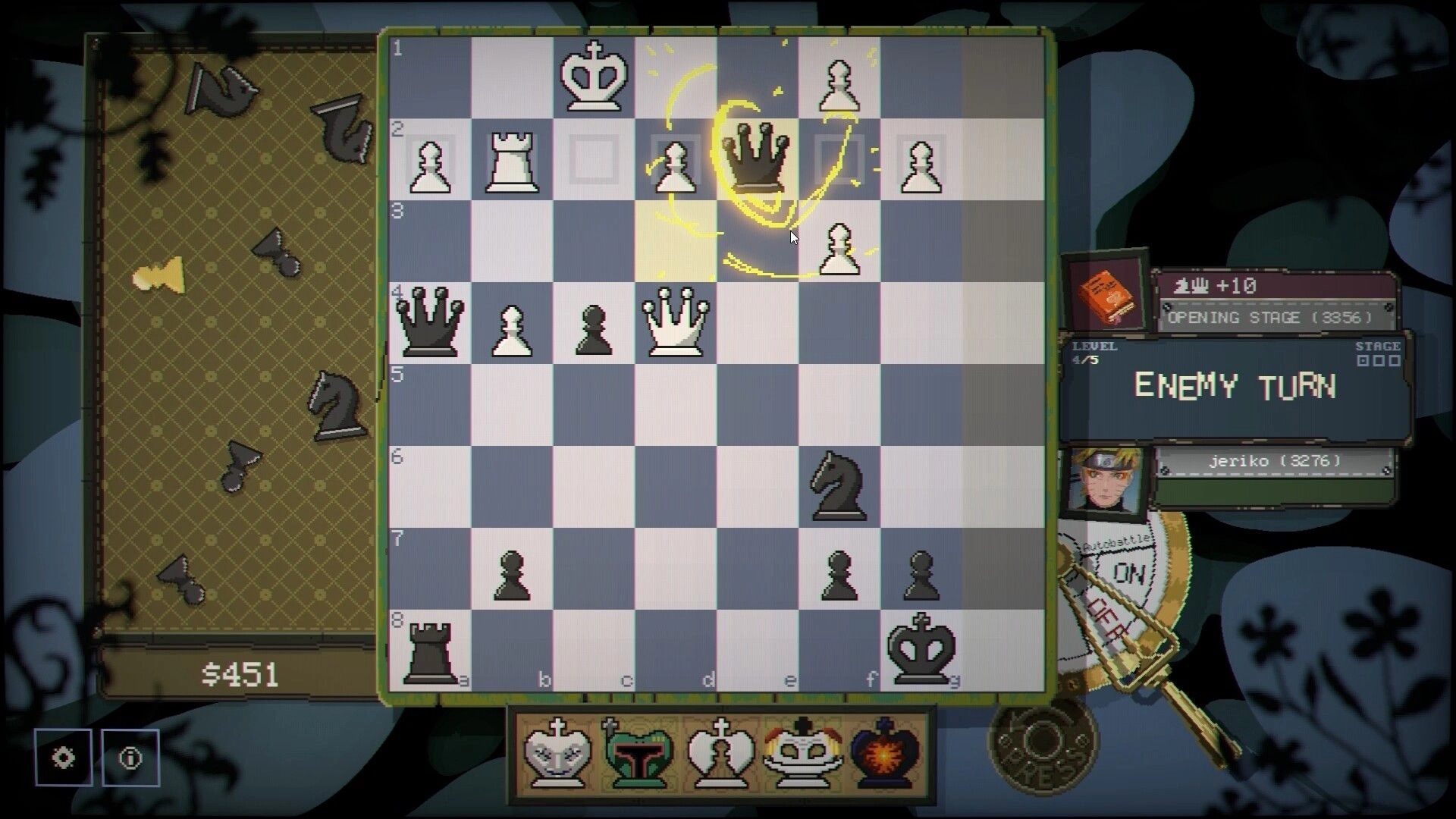 Gambit: Enemy turn on a chessboard with a glowing queen move highlighted and stage UI on right panel.