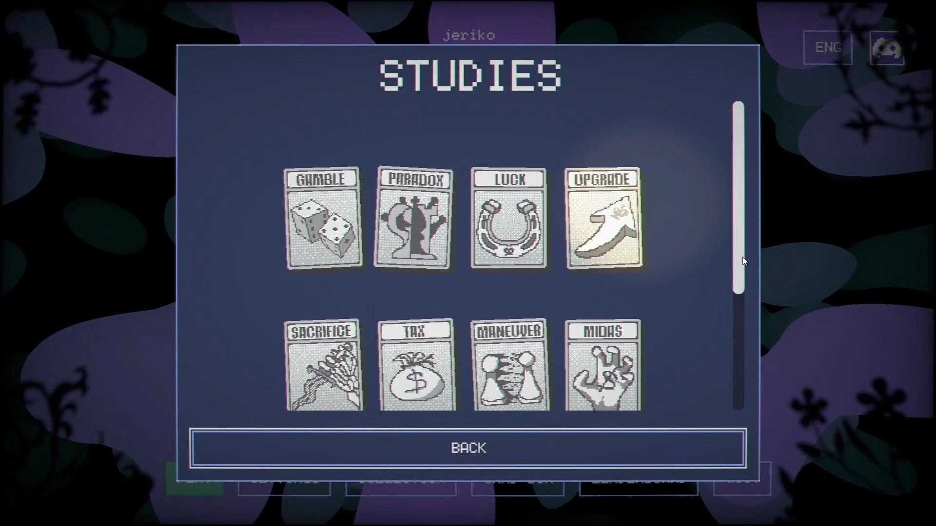 Gambit: Studies menu with perk cards like Gamble, Paradox, Luck, Upgrade, plus Back button.