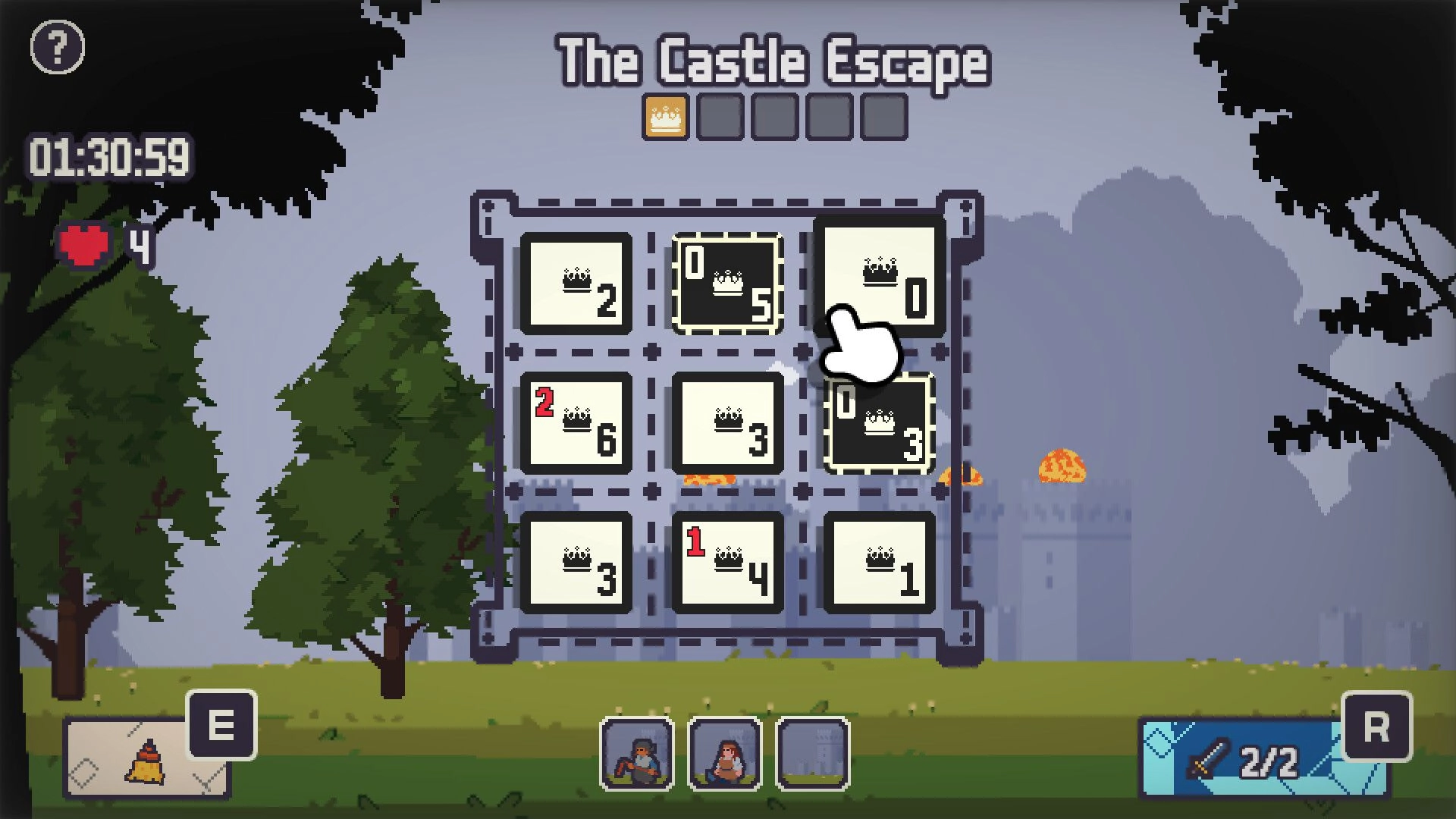 Gambit’s Escape: Cursor selects crown-number tiles on a grid puzzle board before a castle backdrop.
