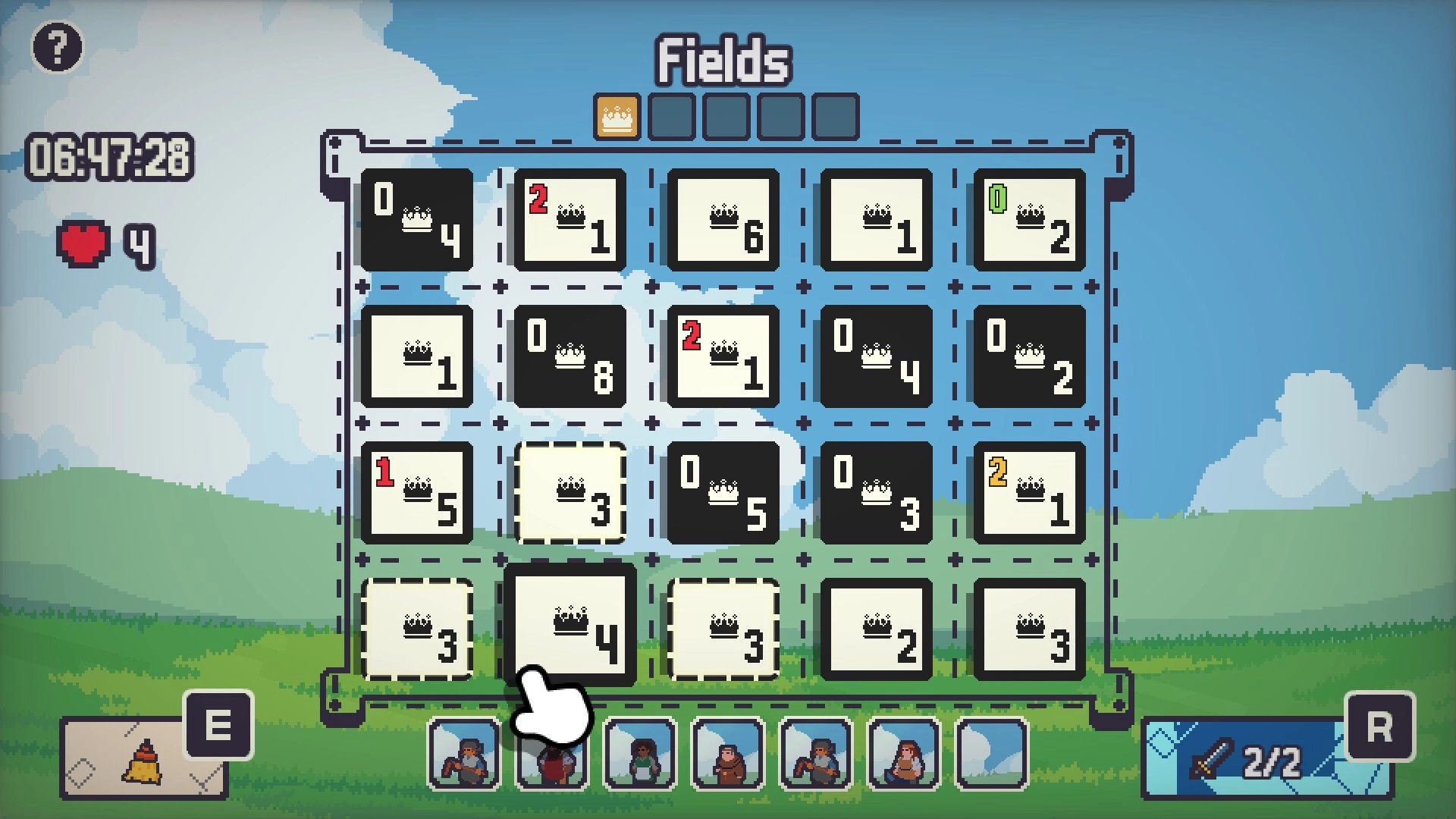 Gambit’s Escape: Card grid puzzle in Fields level with timer, hearts, villager row, and sword UI.