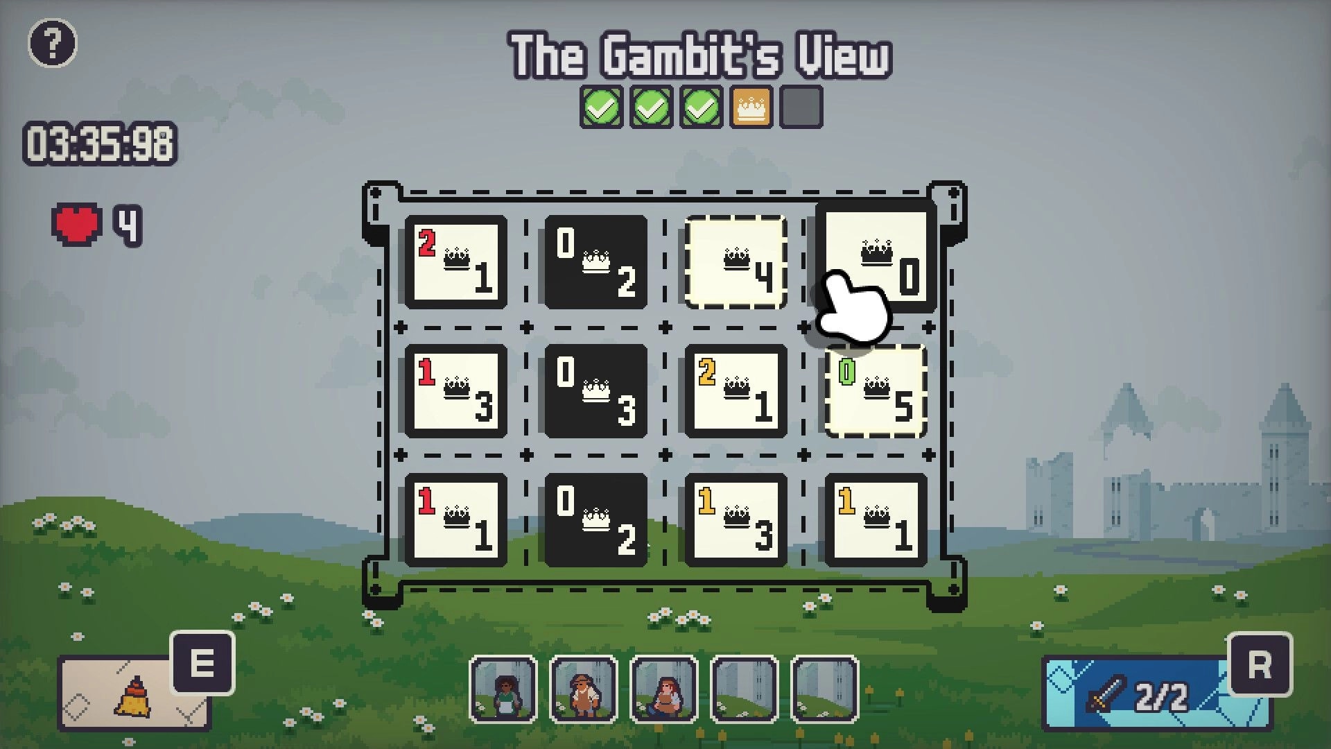 Gambit’s Escape: Cursor selects numbered crown tiles on puzzle grid, hills and distant castle backdrop.