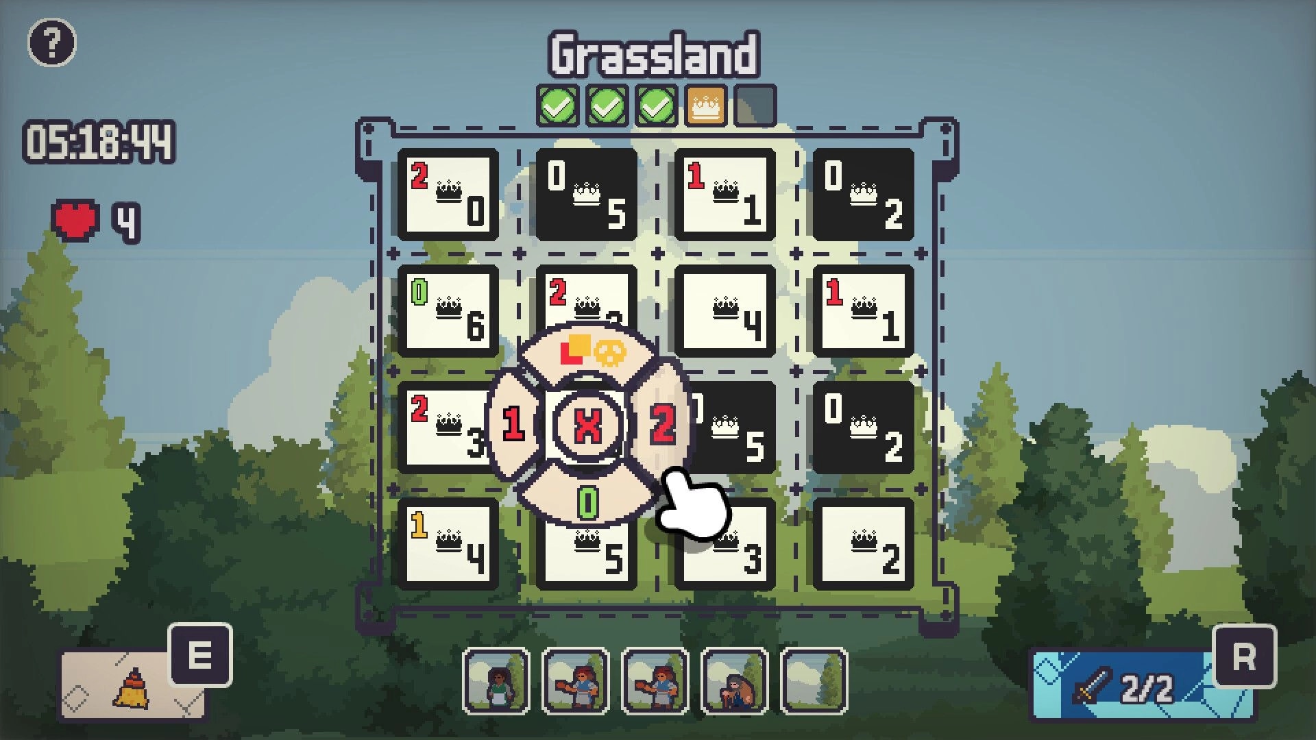 Gambit’s Escape: Grassland puzzle grid with numbered tiles and action wheel over forest backdrop UI.