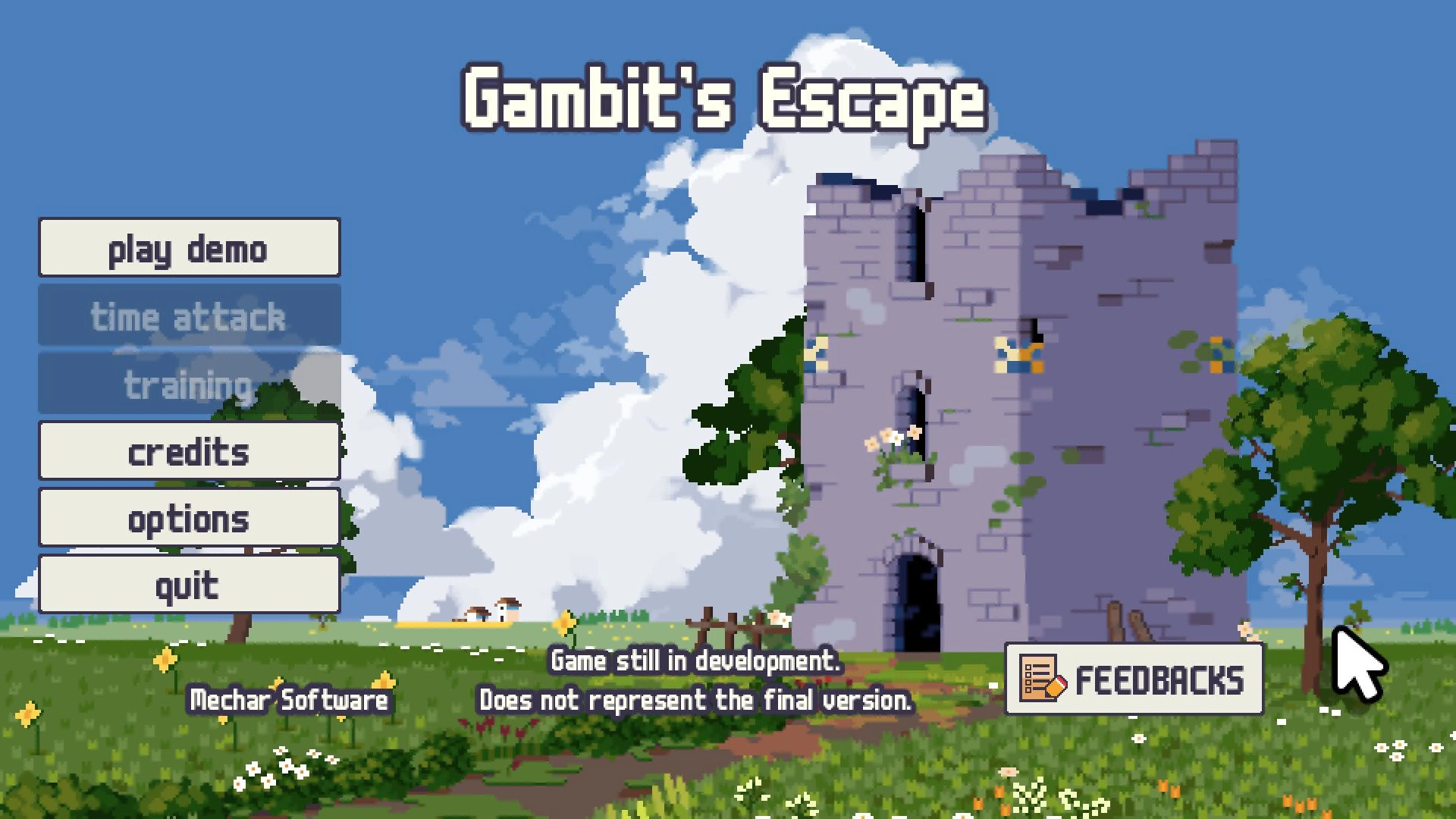 Gambit’s Escape: Main menu with play demo, credits, options and quit over a ruined castle scene.