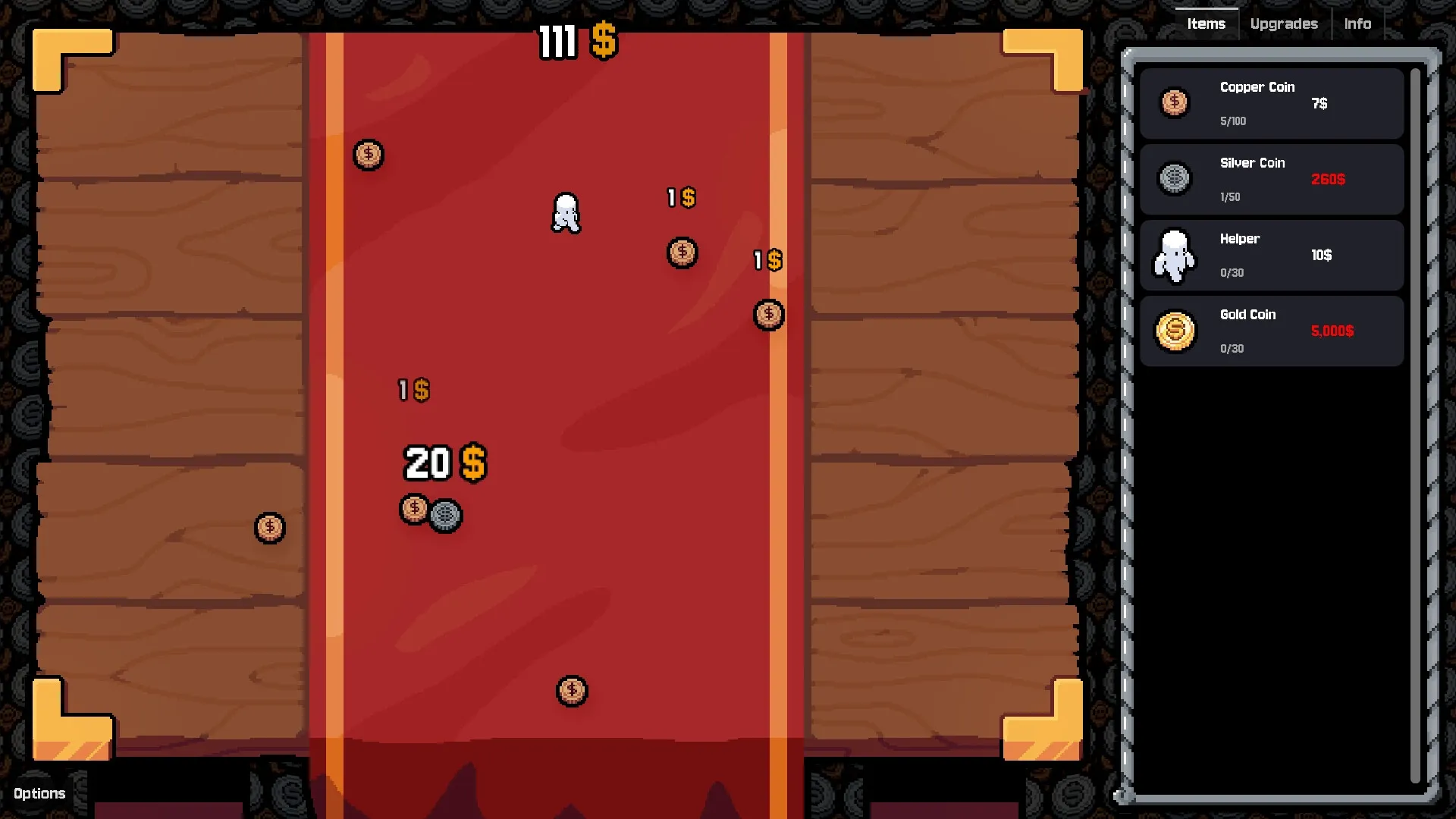 Gamblers Table: Coins scattered on red table, a white helper, and an upgrade menu on the right panel.
