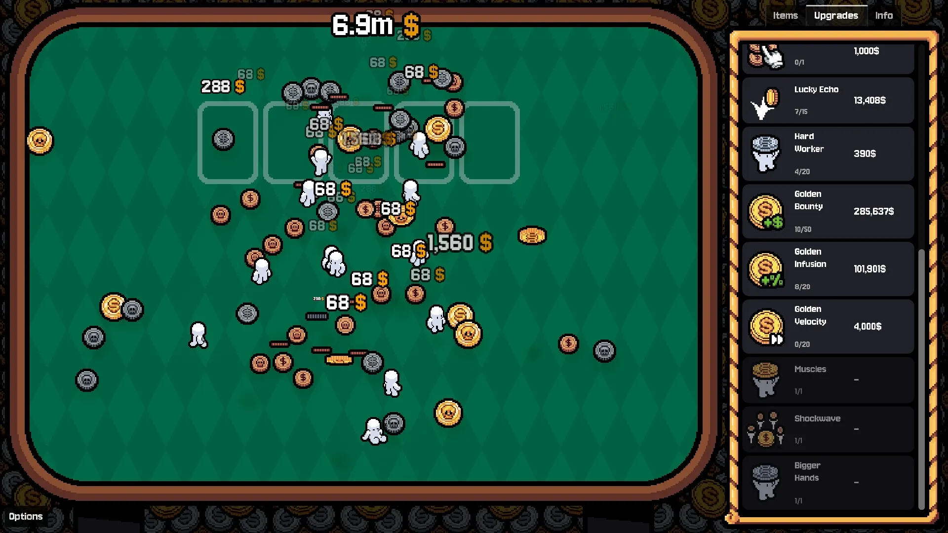 Gamblers Table: Helpers flipping coins on a green table, upgrade menu on the right with multiple options.