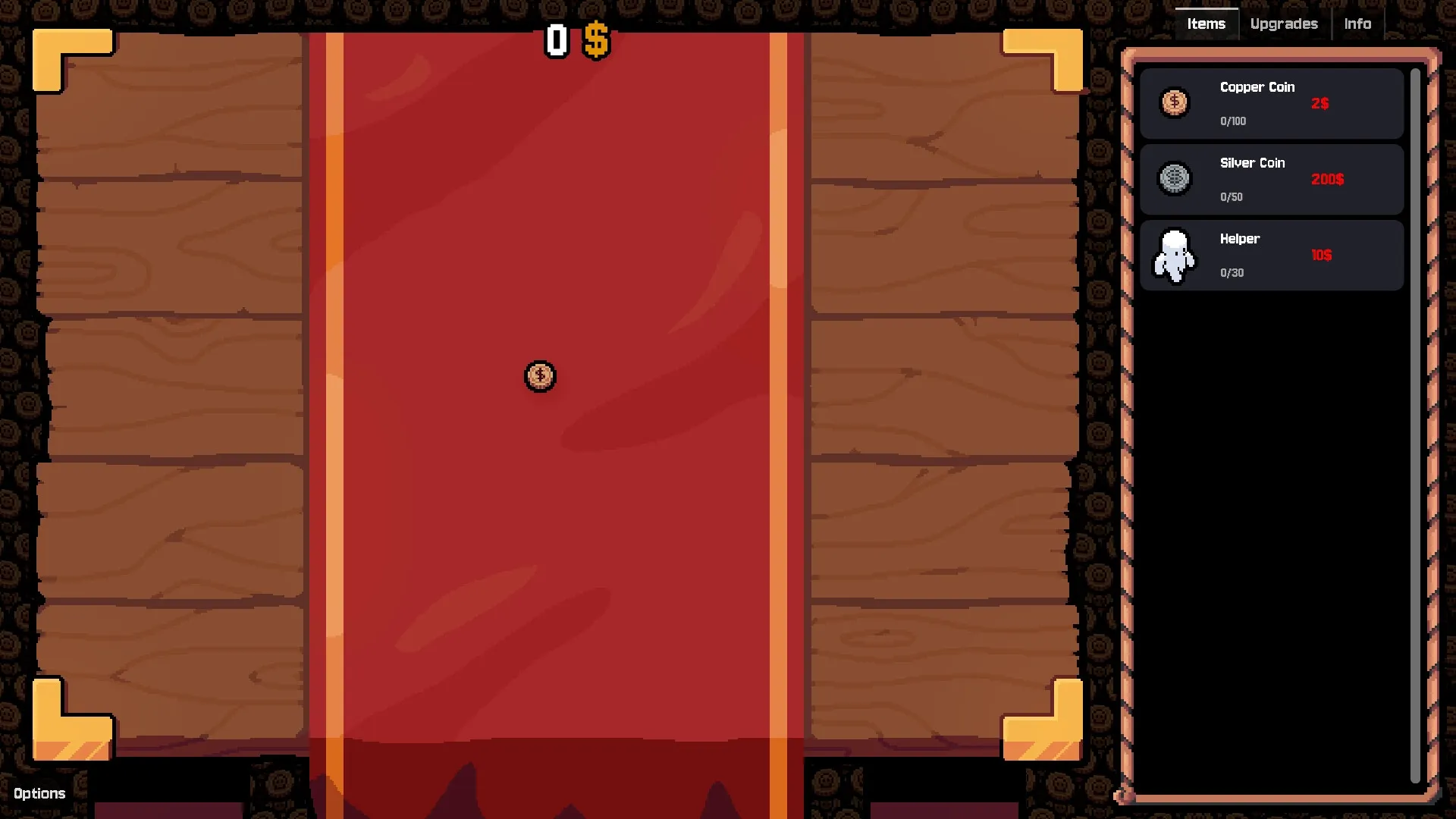 Gamblers Table: Single copper coin flipping on red table with item menu showing coin and helper options
