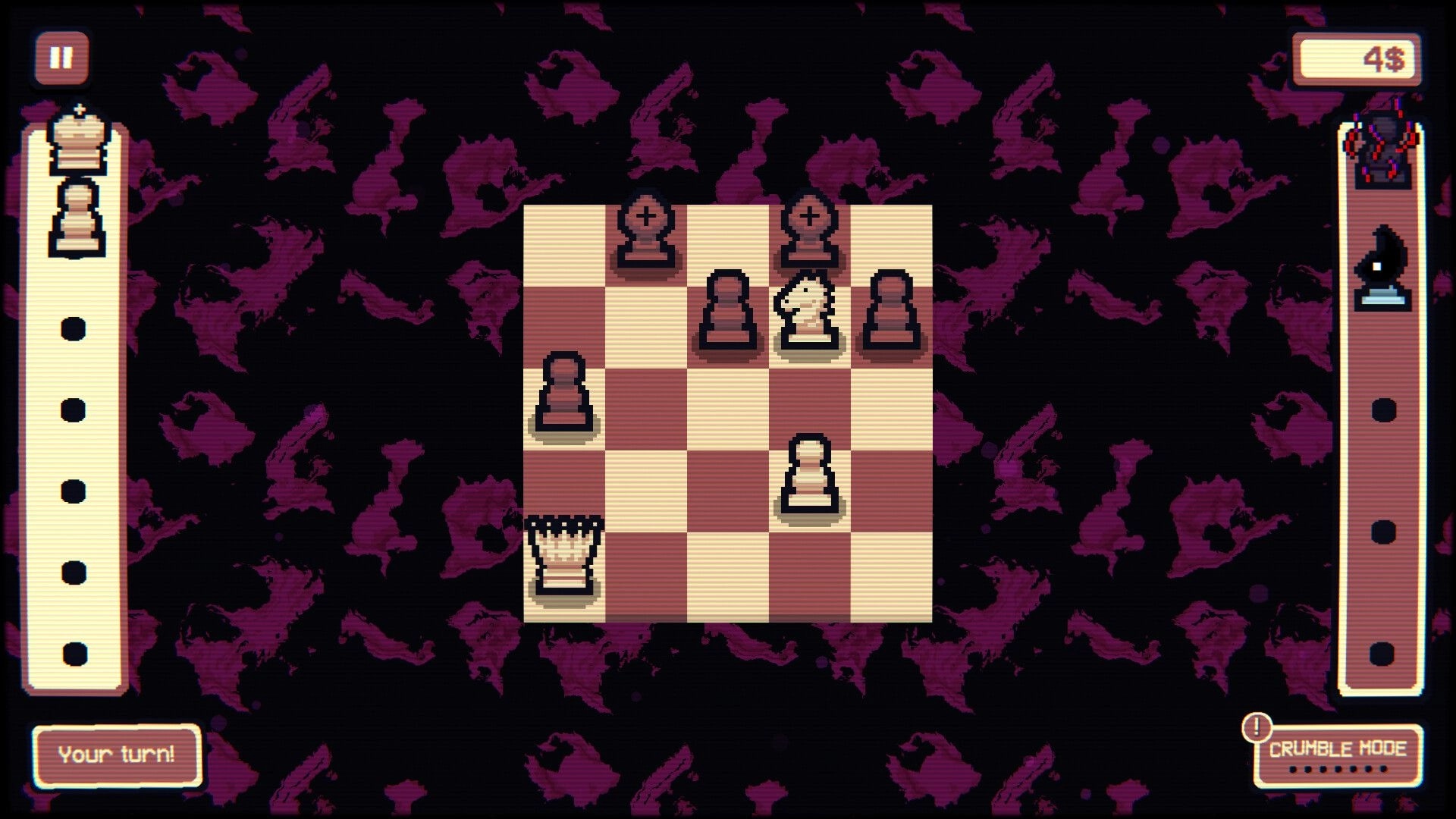 Gambonanza: Chessboard with pieces engaged in strategic play, UI shows "Your turn!" and Crumble Mode.