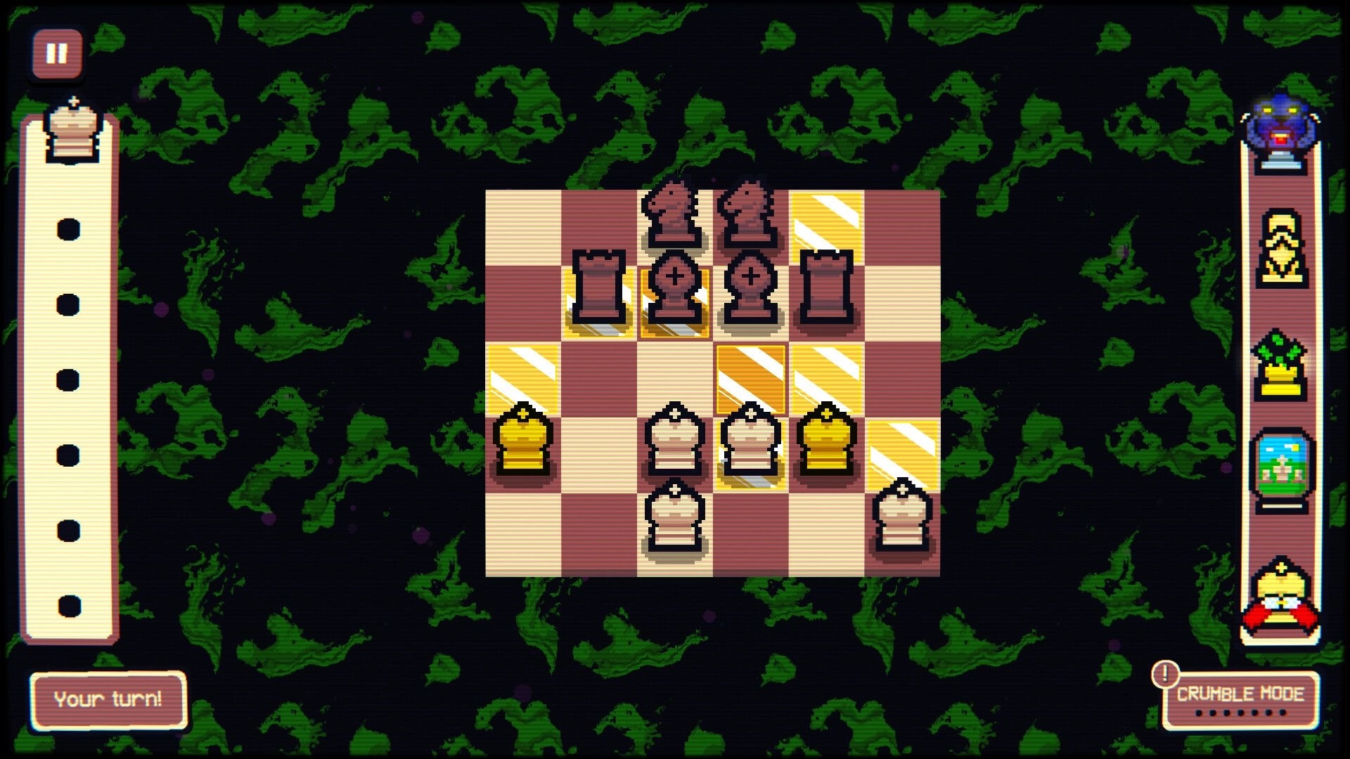 Gambonanza: Tactical chessboard setup with highlighted moves and player turn indicator in dark theme