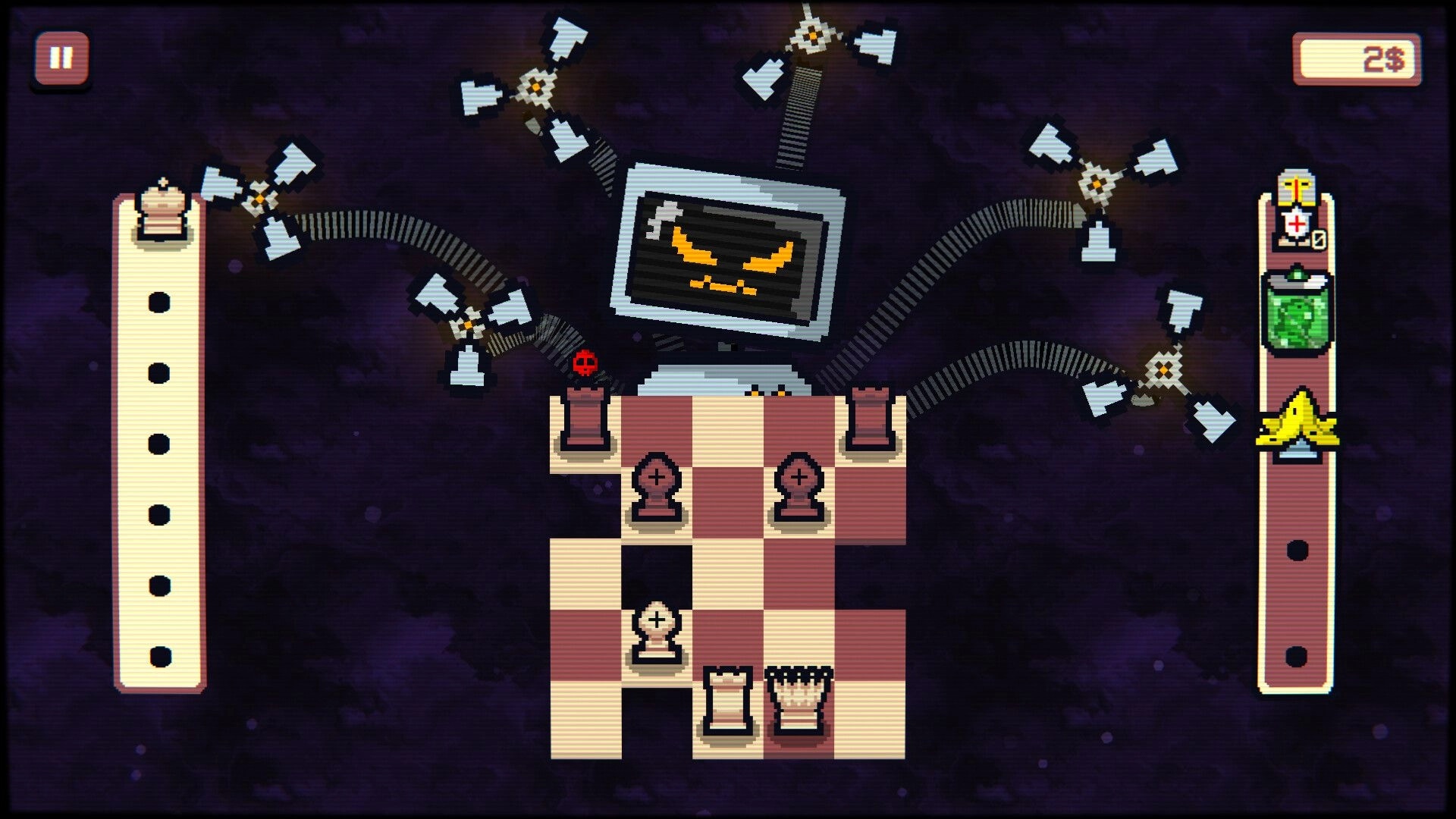 Gambonanza: Chessboard with menacing computer, arrows, and unique game pieces in cosmic setting