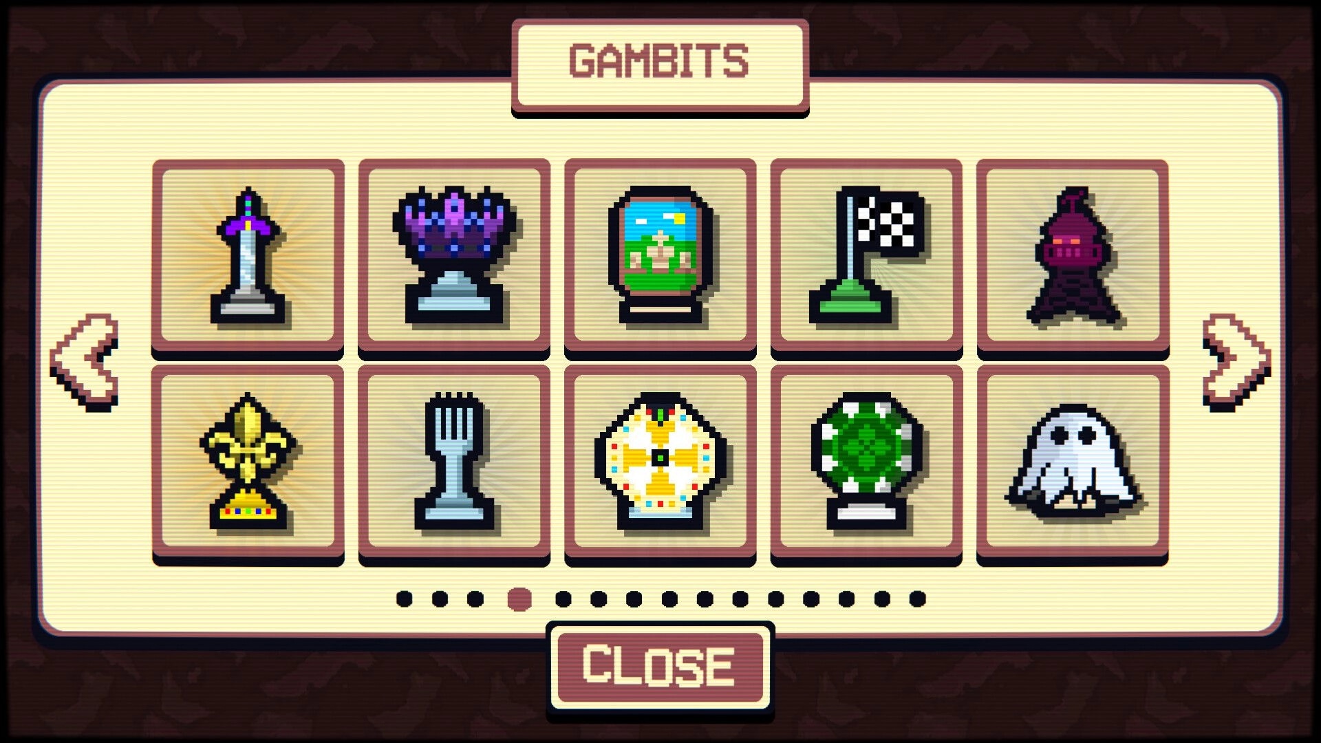 Gambonanza: Gambit selection screen with ten unique icons displayed on a grid in a menu interface.
