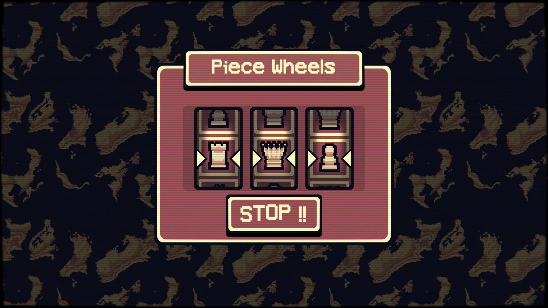 Gambonanza: Piece Wheels interface with rotating chess pieces and a prominent stop button in focus