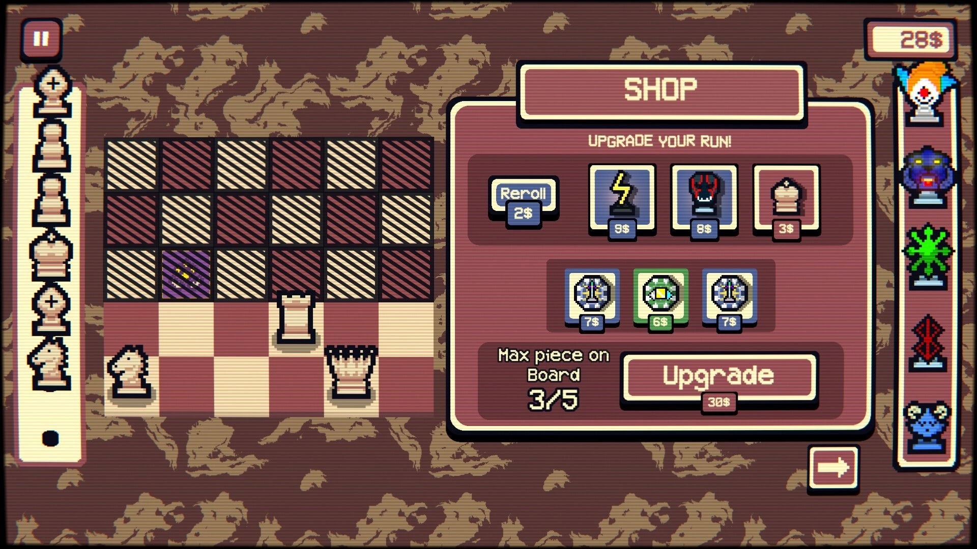 Gambonanza: Tactical chessboard with shop interface displaying upgrade options and piece limit.