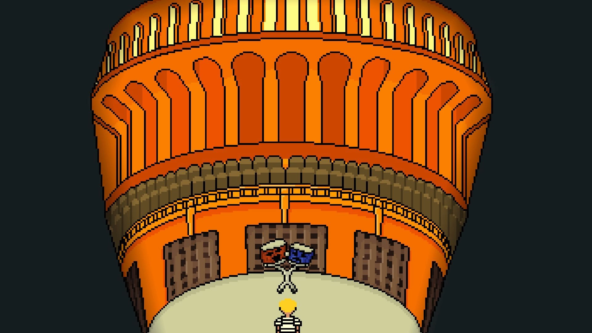 Game Over: Character facing large orange drum set in circular arena with towering architecture