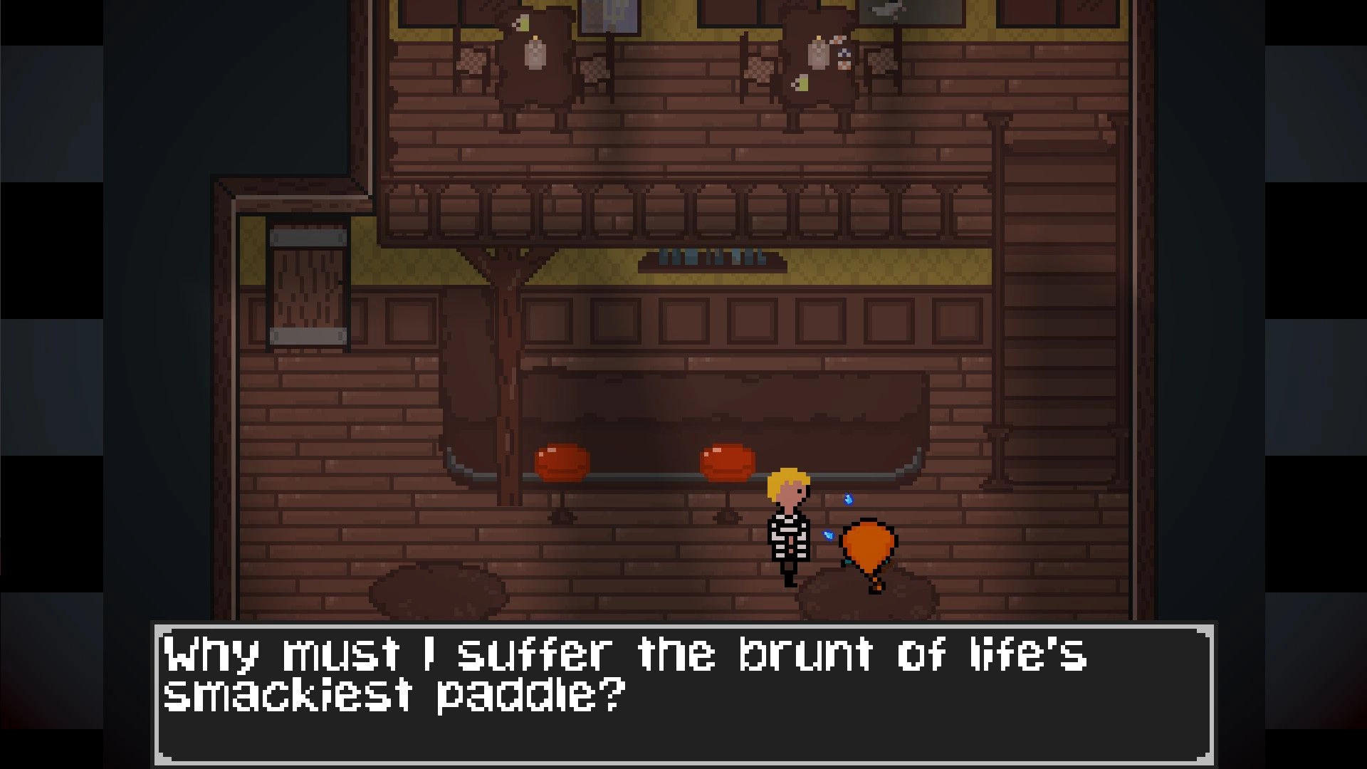 Game Over: Character in striped outfit with sweating orange heart in wooden tavern setting with dialogue.