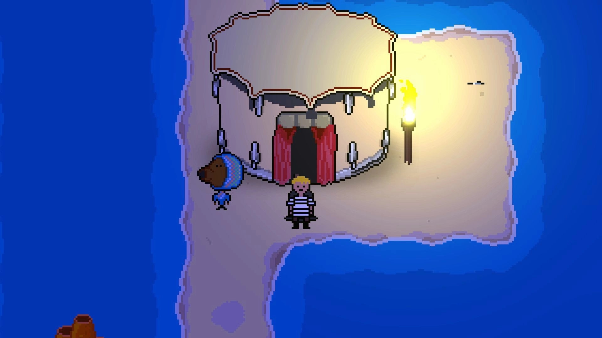 Game Over: Two characters stand outside a tent lit by a torch on a sandy island at night.