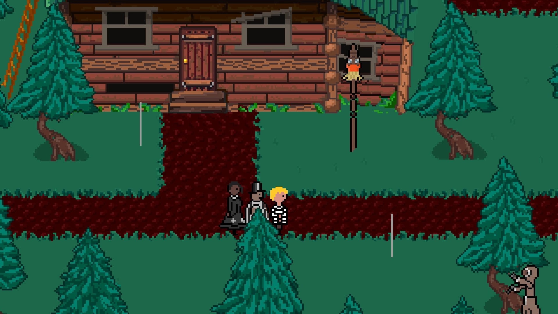 Game Over: Two characters explore a forest path by a cabin with rain falling and trees surrounding them