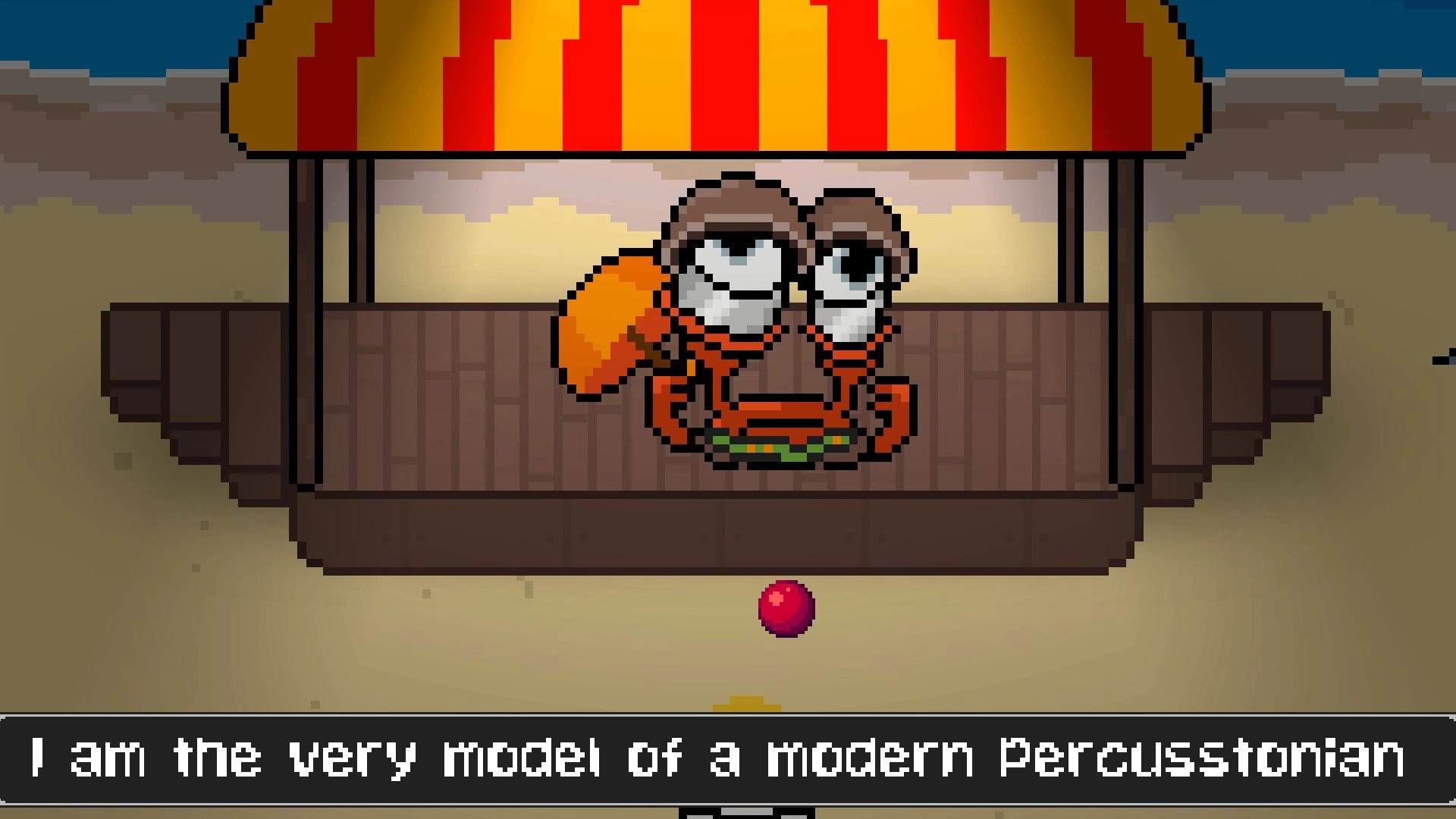 Game Over: Singing crab under a striped tent with text dialogue on sandy beach environment