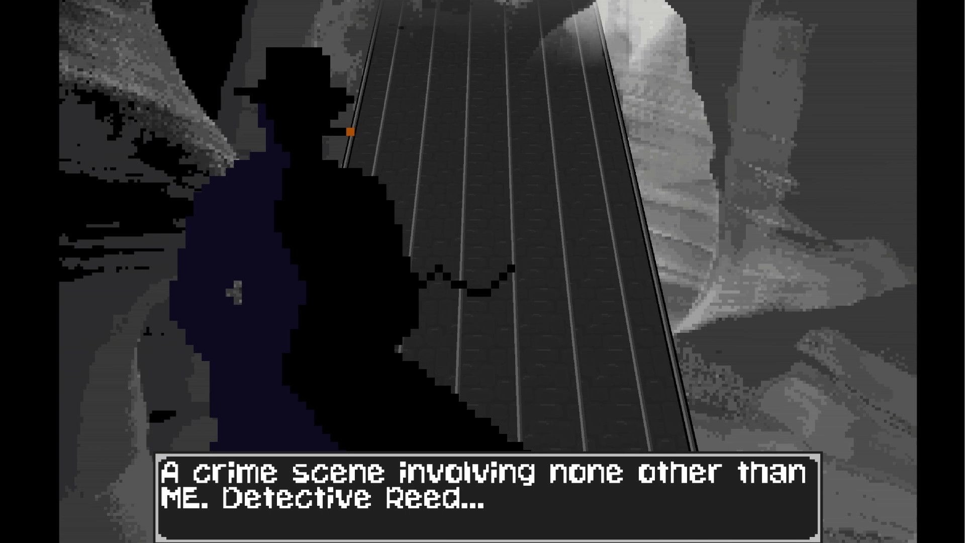 Game Over: Detective Reed silhouette stands in front of a crime scene with a mysterious road backdrop