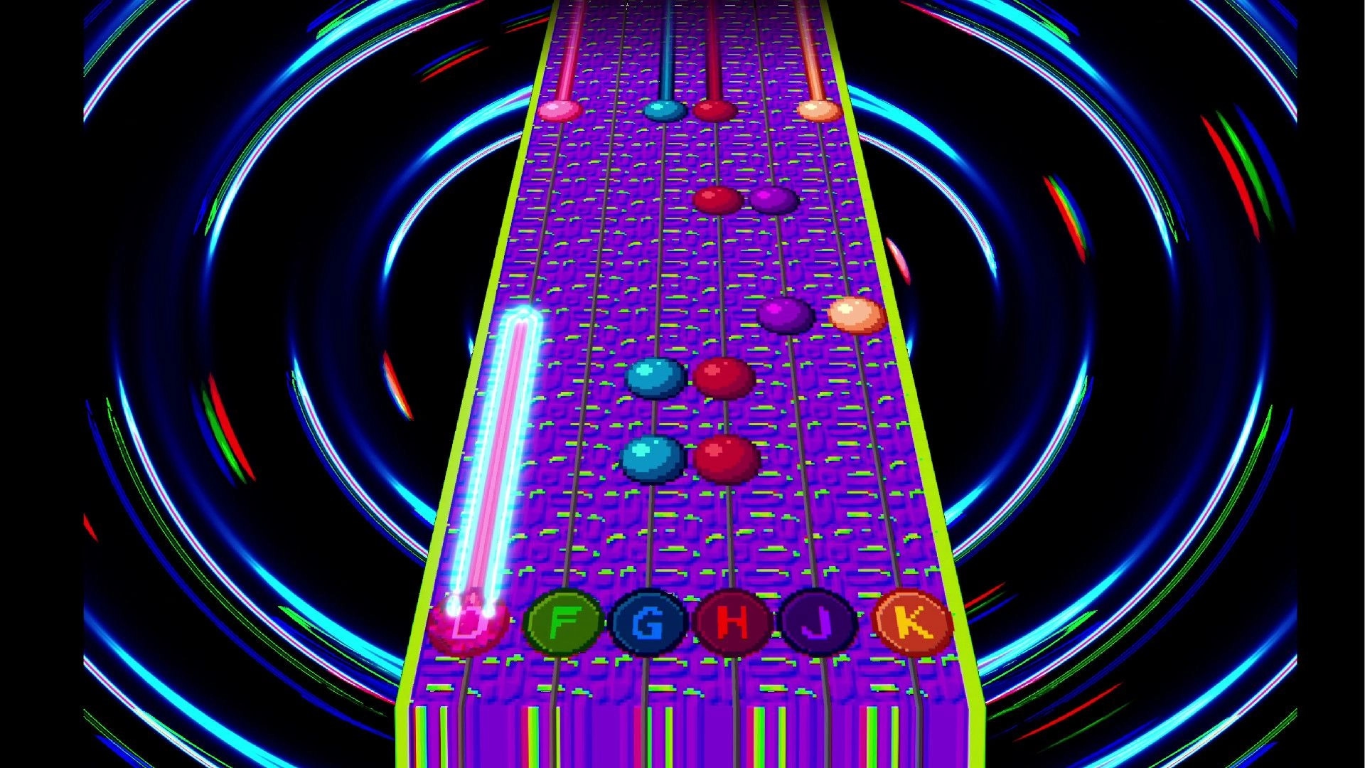 Game Over: Colorful rhythm track with notes and key indicators on a neon-lit music highway