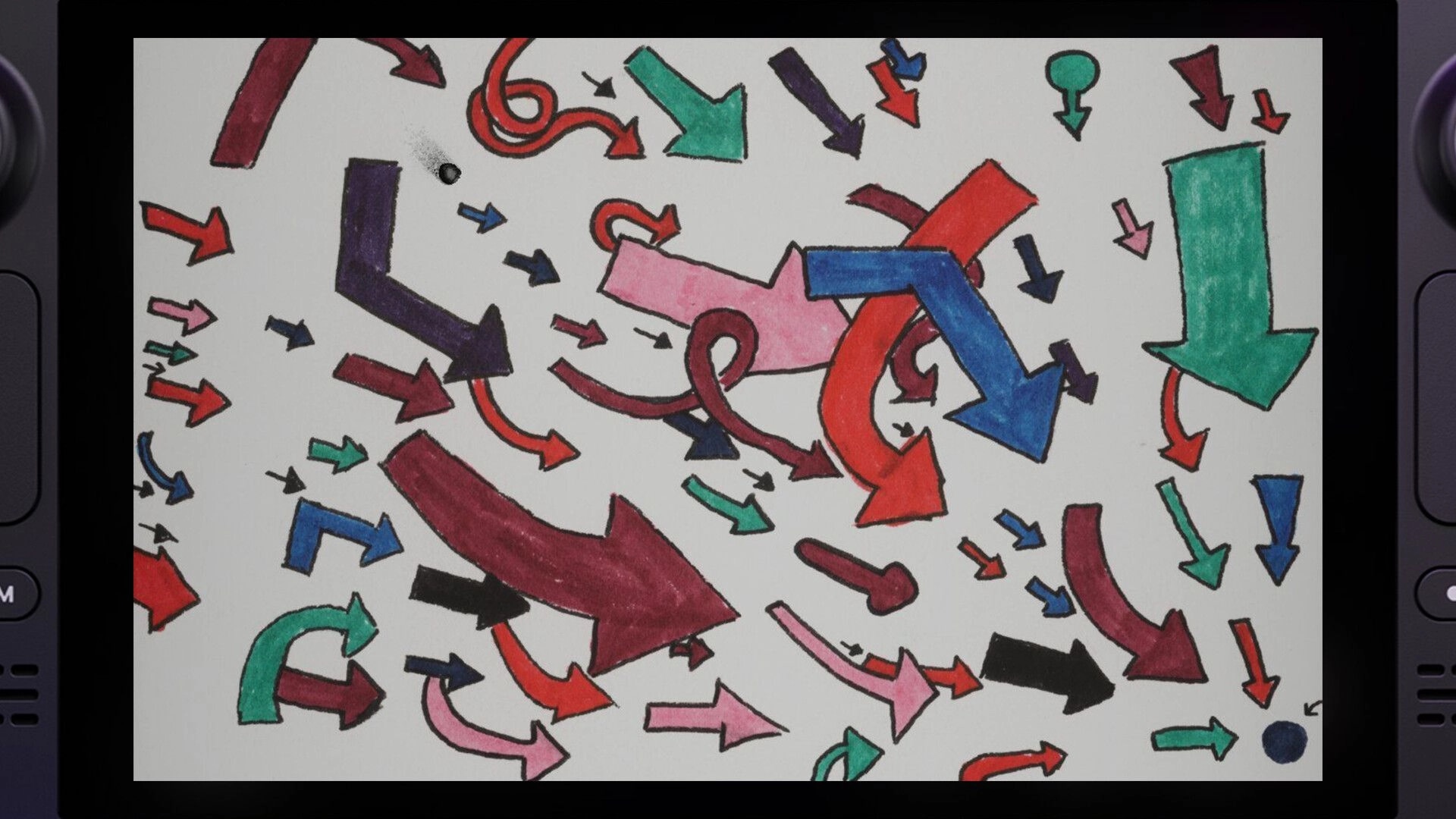 Game With Balls: Colorful arrow-filled maze with a small black ball navigating through paths