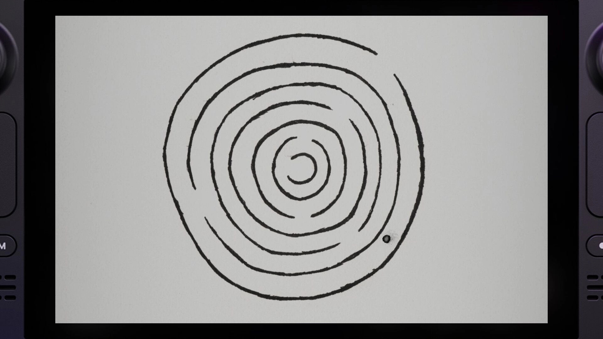 Game With Balls: Spiral maze navigation on Steam Deck screen with small black ball near outer edge