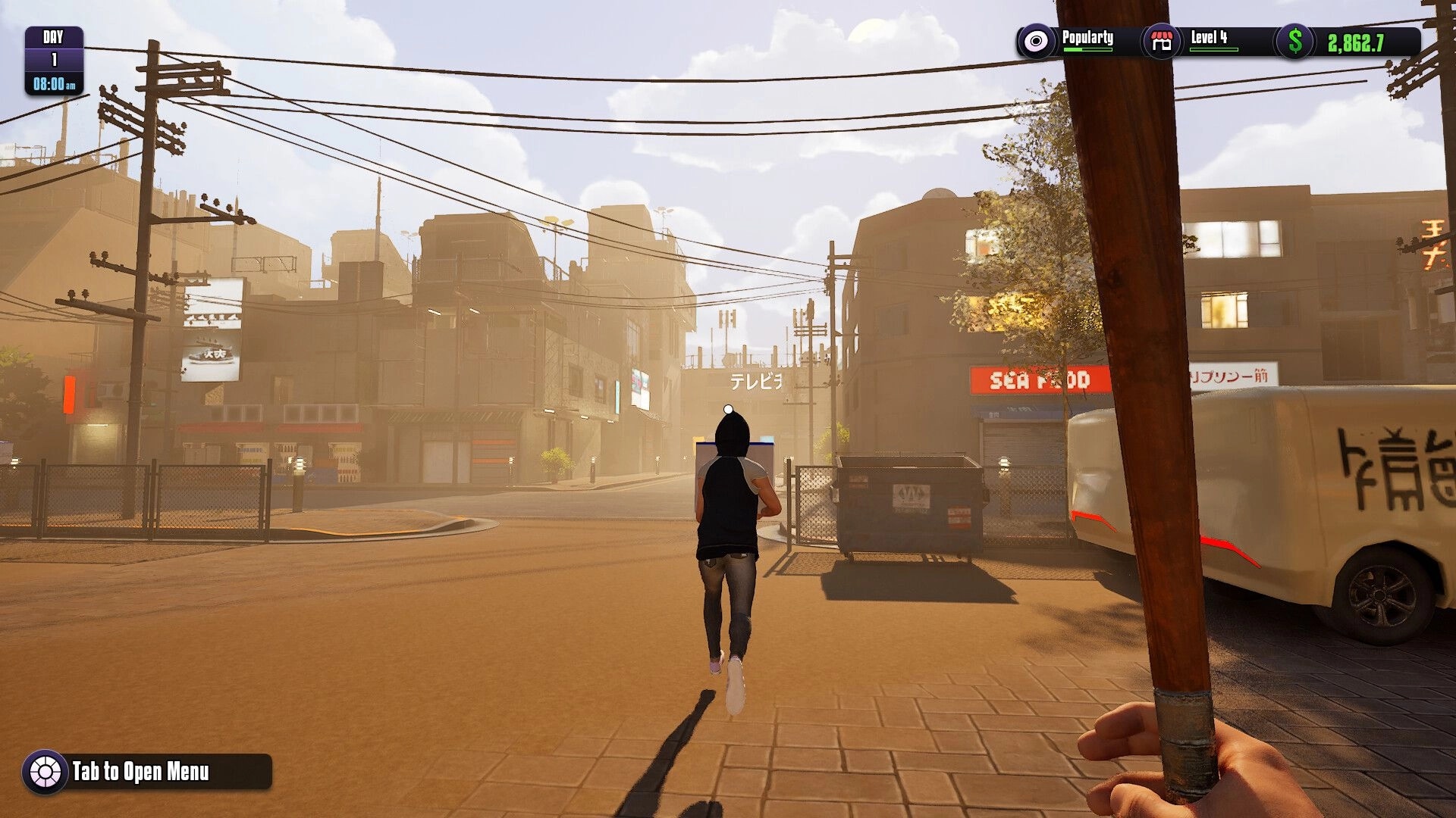 Gamer Stop Simulator: Player runs through urban street with bat, interface shows day, time, and money.