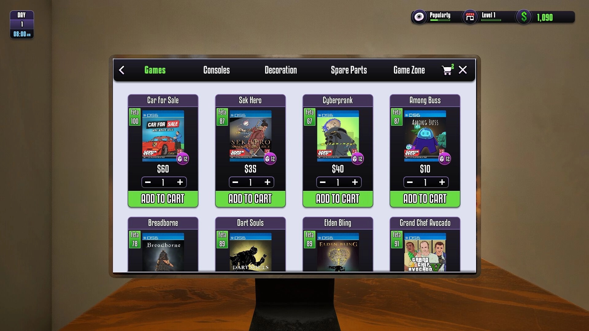 Gamer Stop Simulator: Game purchasing interface on screen with various video games and prices displayed