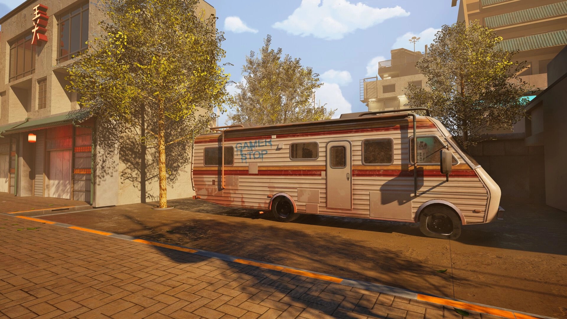 Gamer Stop Simulator: Parked RV with "Gamer Stop" logo on urban street lined with trees and buildings