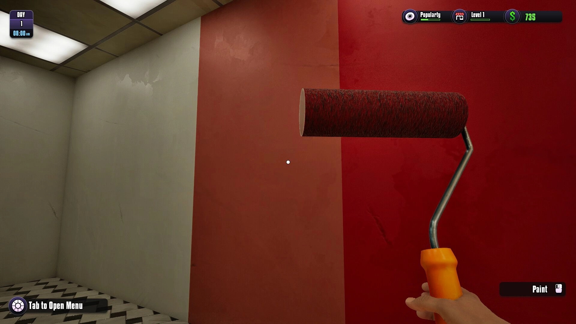 Gamer Stop Simulator: Painting store walls with a roller tool, UI shows time, popularity, and money.
