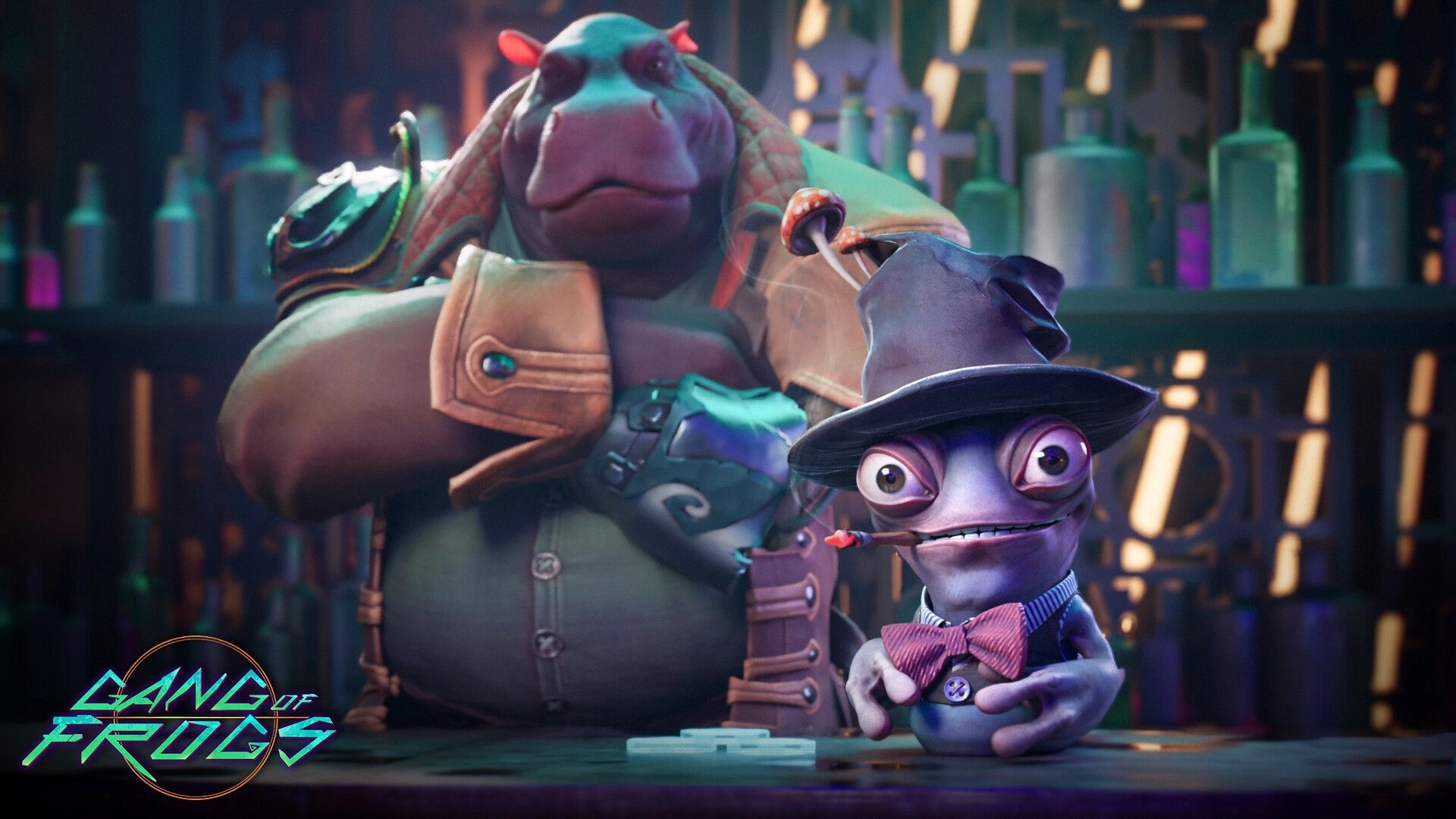 Gang of Frogs: Two frog characters in a bar setting, one with a hat and bowtie, surrounded by bottles.