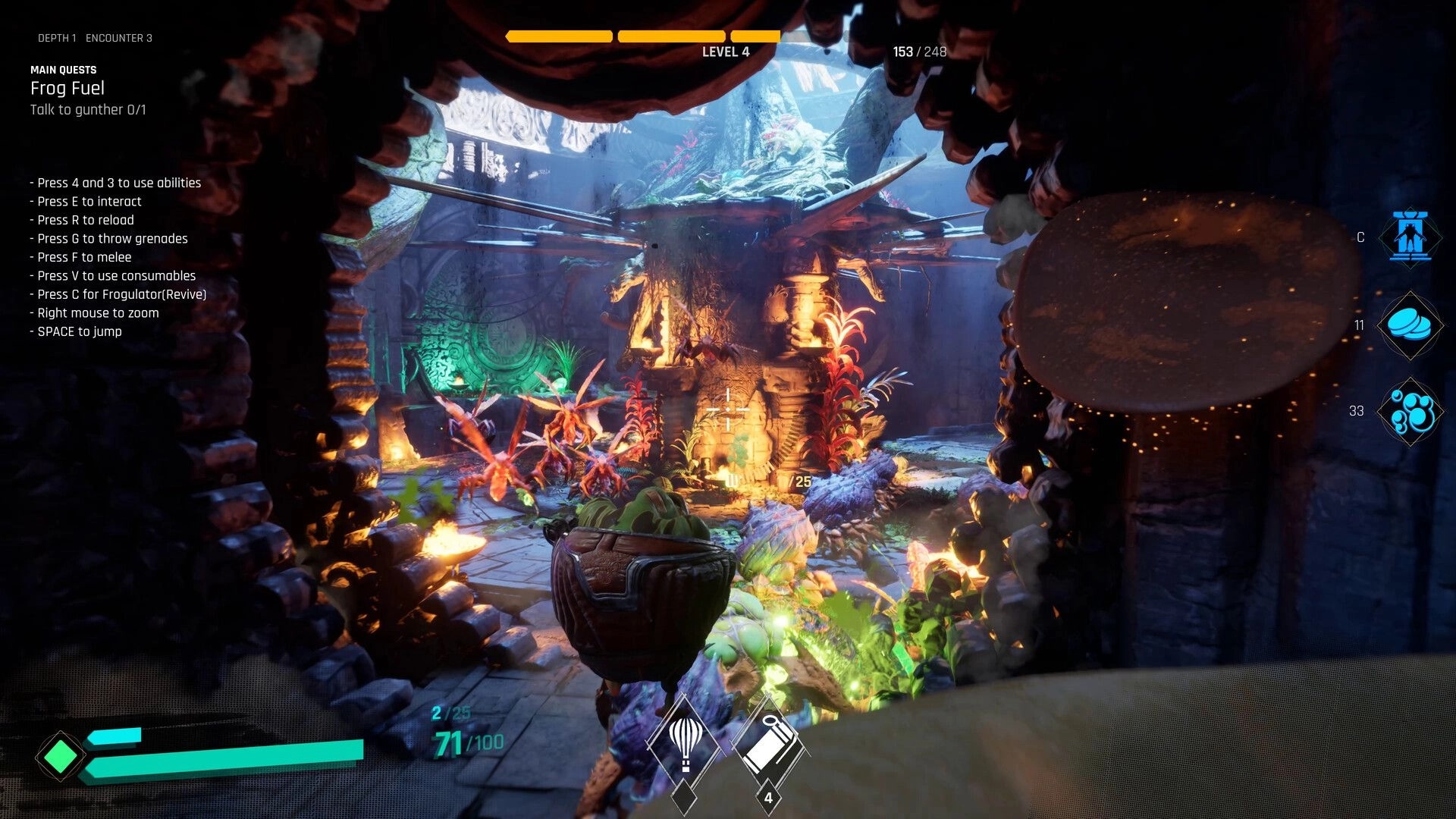 Gang of Frogs: Combat with monstrous bugs in a vibrant, overgrown temple, UI shows health and ammo