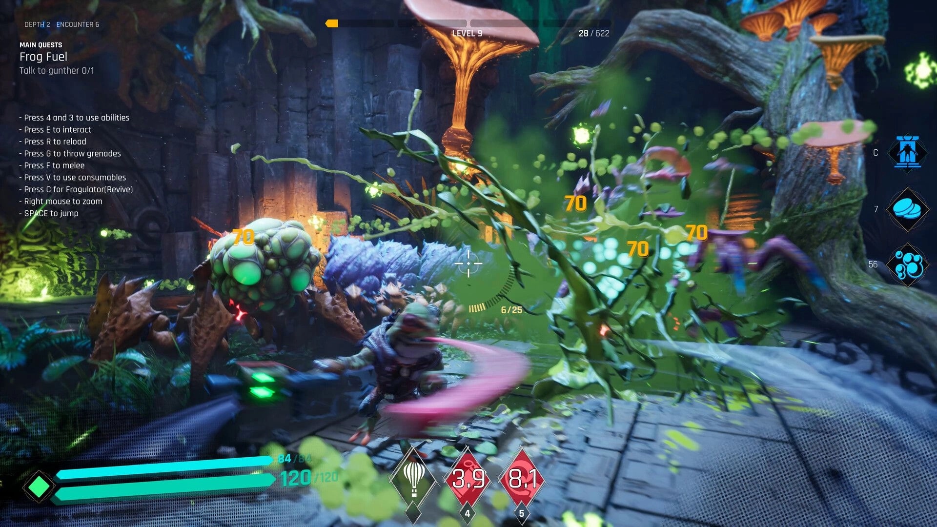 Gang of Frogs: Intense combat with monstrous bugs in a lush forest, UI shows health and ammo status.