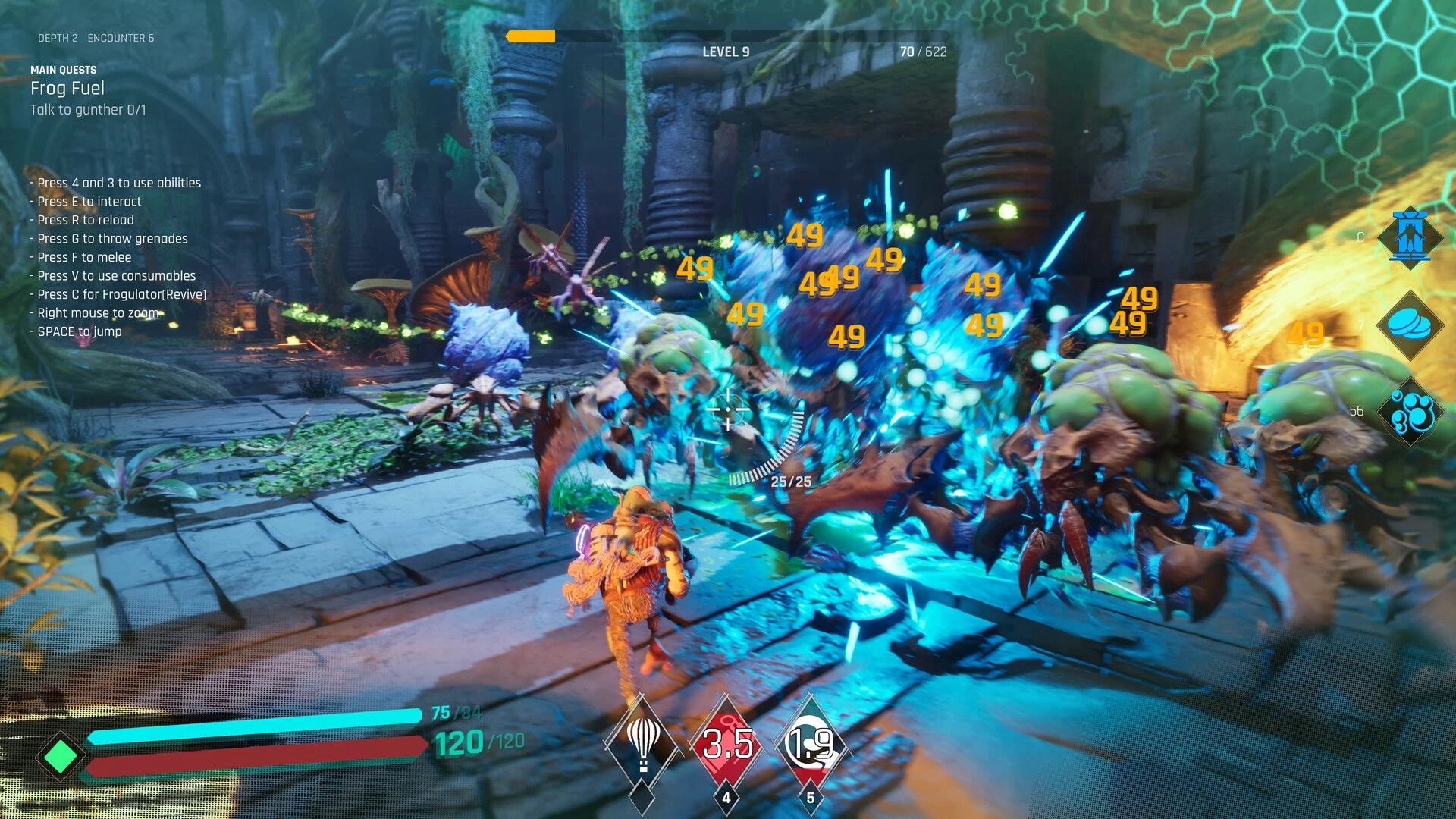 Gang of Frogs: Outlaw frog battling hordes of bugs in a lush, ancient ruin with quest and UI visible