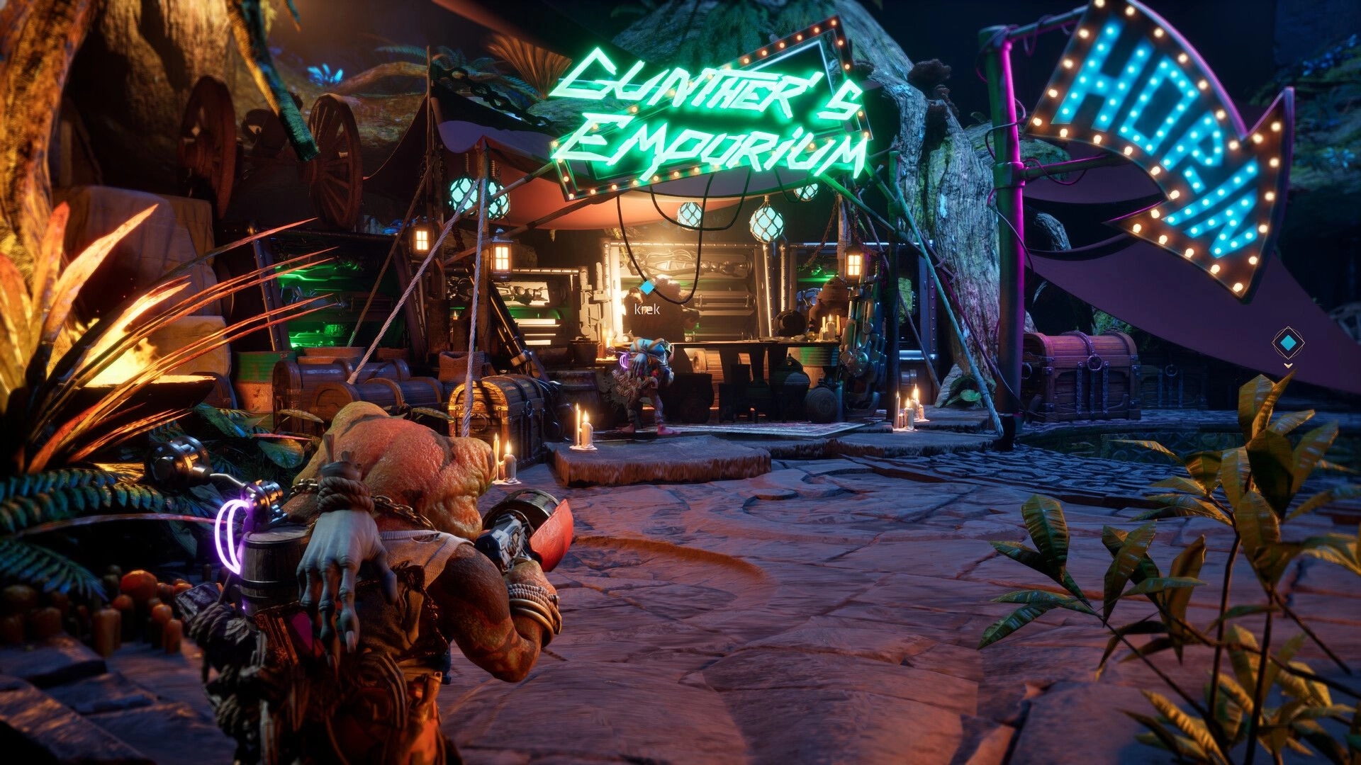 Gang of Frogs: Frog approaches Gunther's Emporium in a lush, neon-lit forest, ready to trade gear.