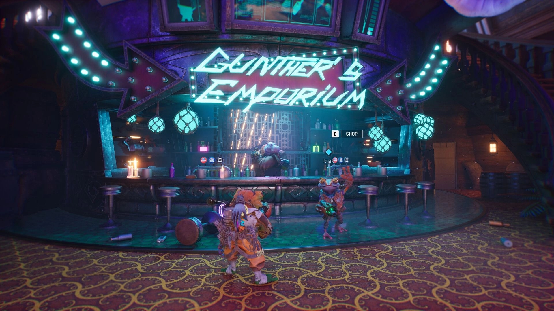 Gang of Frogs: Frogs explore Gunther's Emporium bar with neon lights and shop interface visible