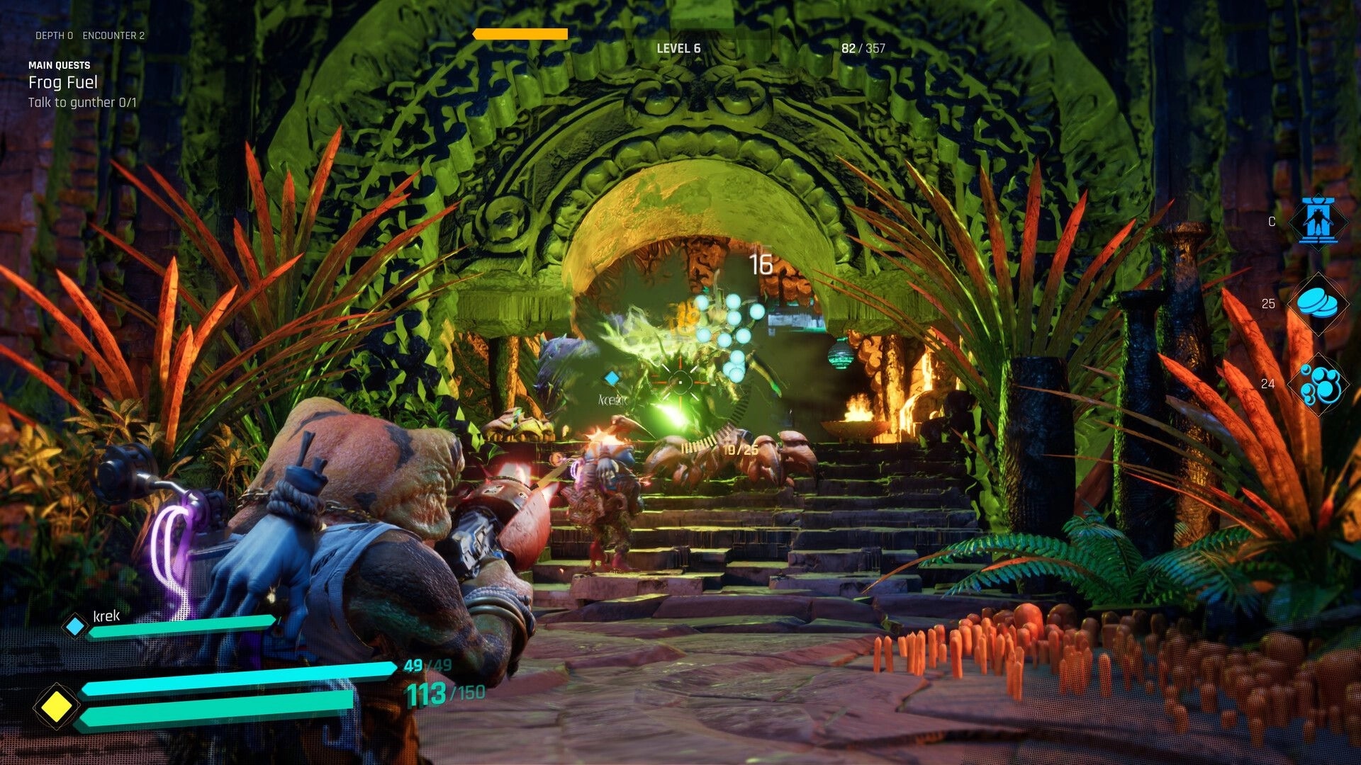 Gang of Frogs: Krek battles enemies in a lush, overgrown temple with vibrant foliage and fire-lit archways.