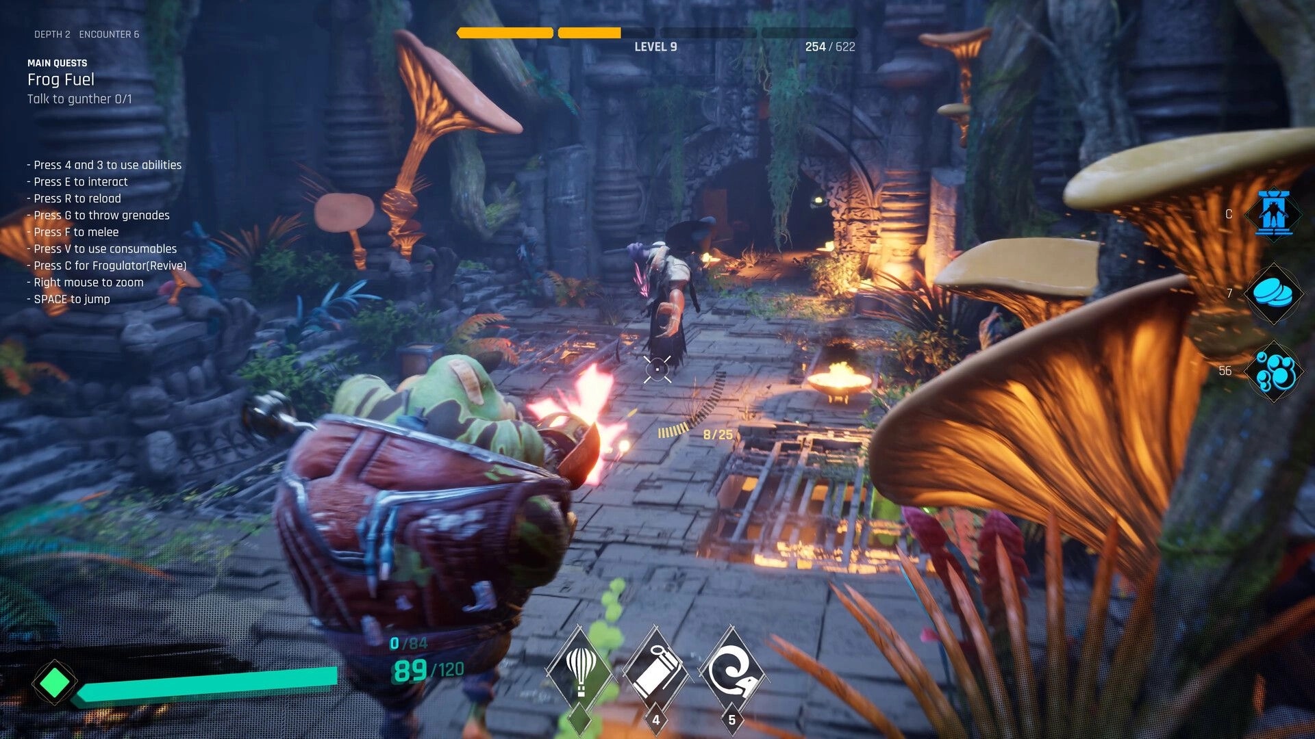 Gang of Frogs: Frog character firing weapon in ancient temple with UI showing health and abilities
