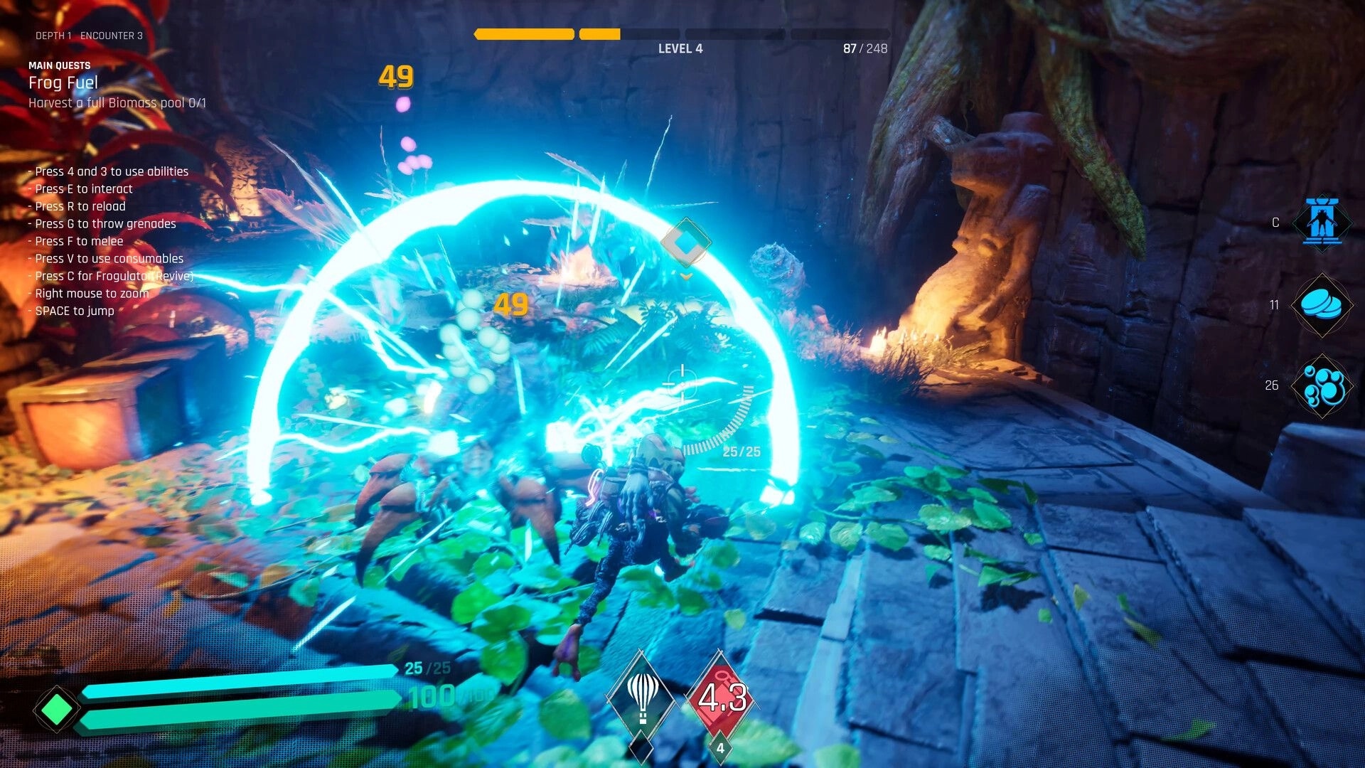 Gang of Frogs: Intense battle with glowing shield and enemies in a cavernous, overgrown environment