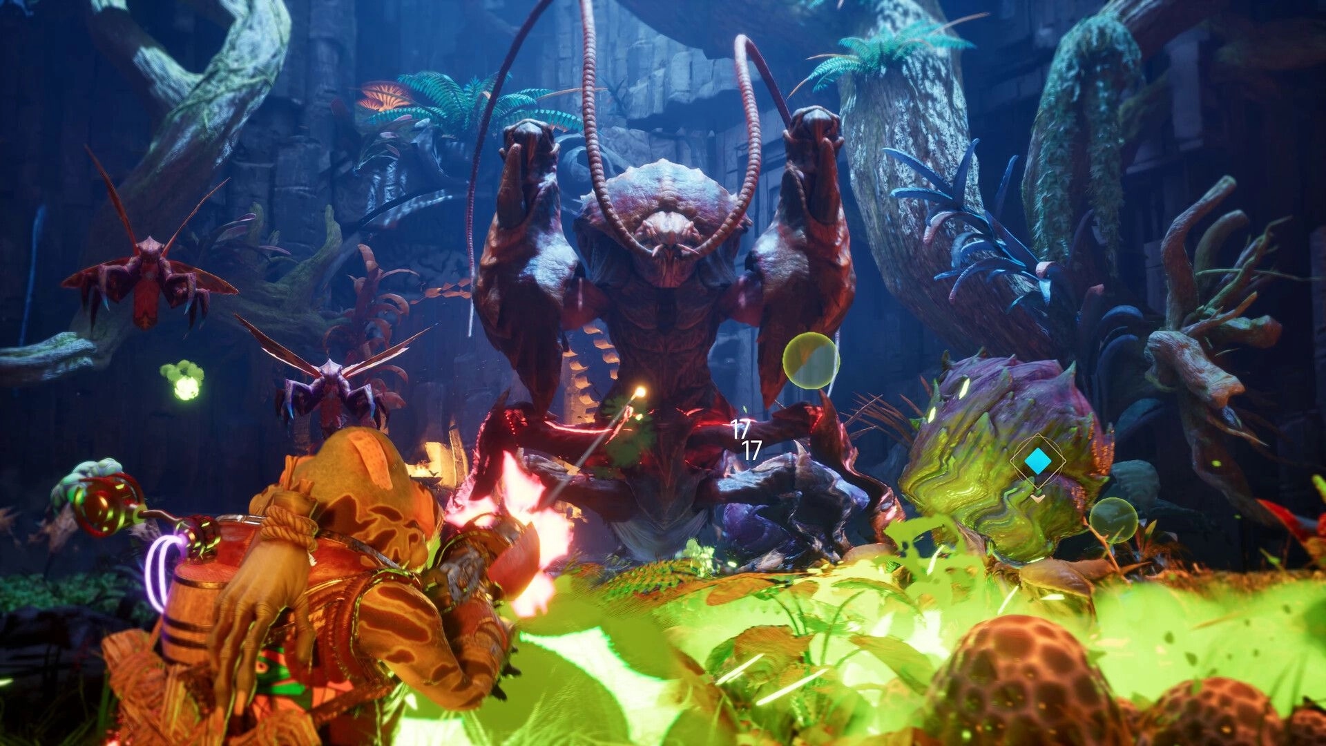 Gang of Frogs: Frog character in combat with giant insect in a lush, alien forest environment.