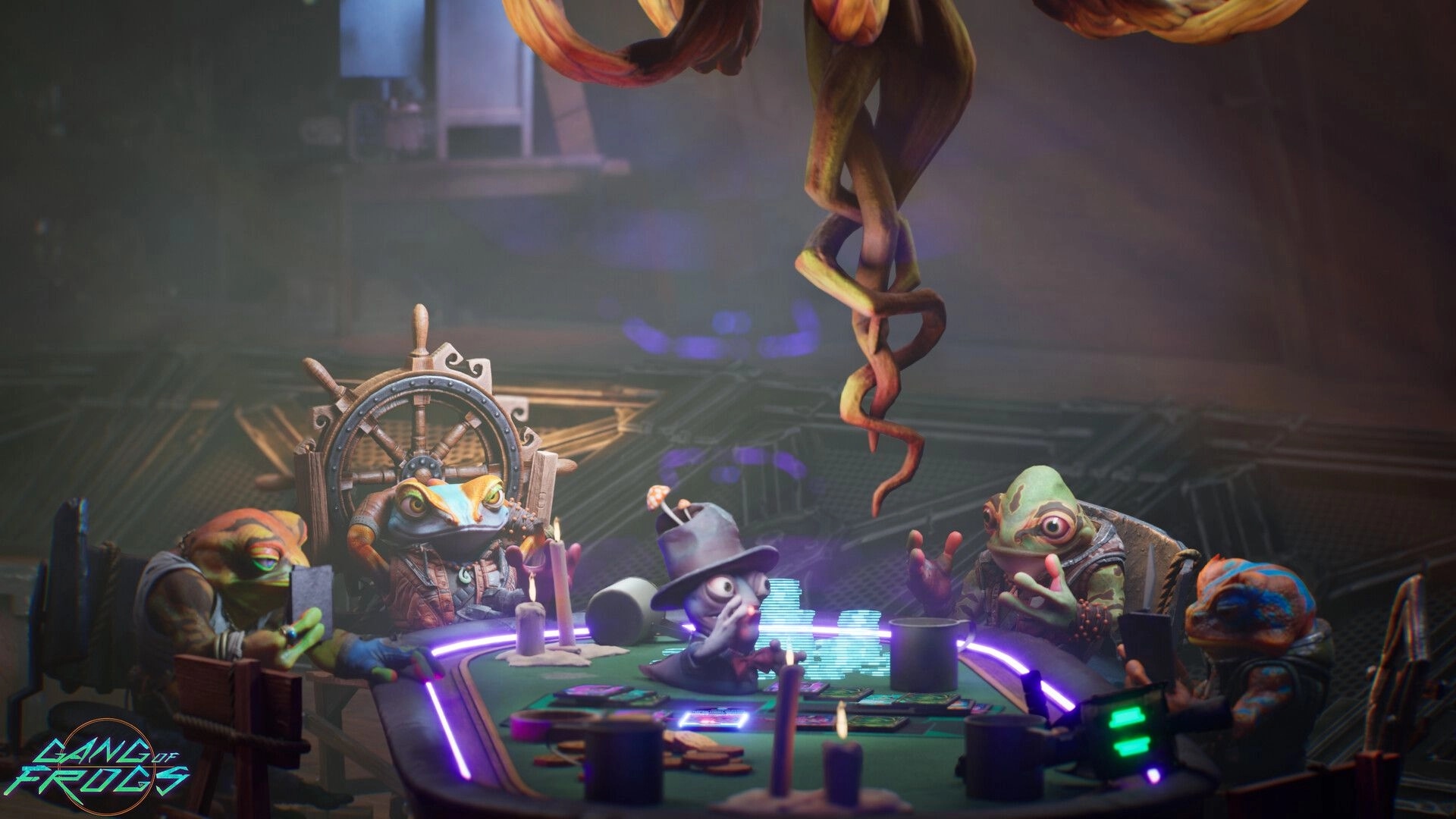Gang of Frogs: Frogs playing poker with glowing chips in a dim, futuristic space setting