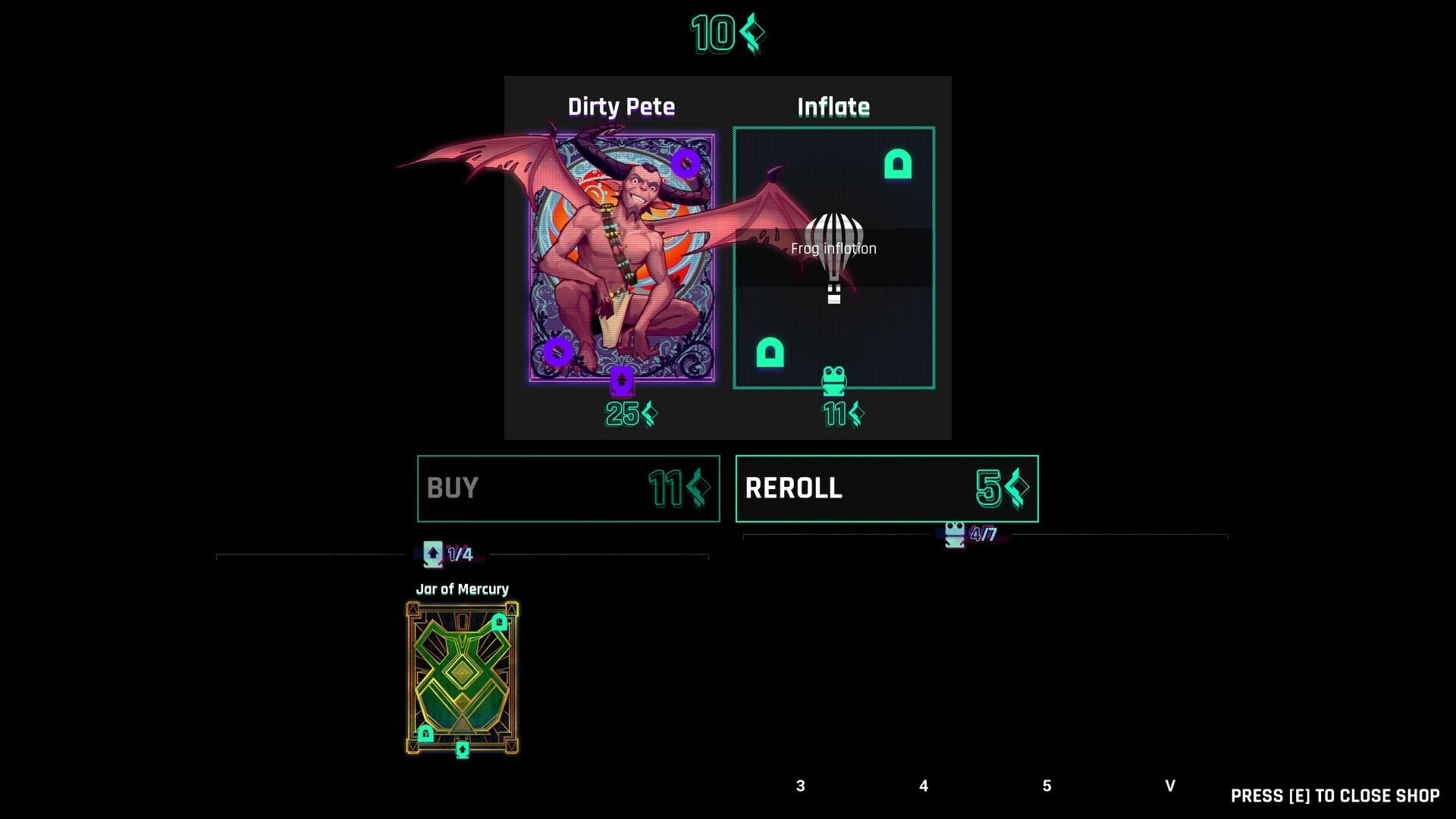 Gang of Frogs: Shop screen featuring Dirty Pete card with buy and reroll options in a dark interface