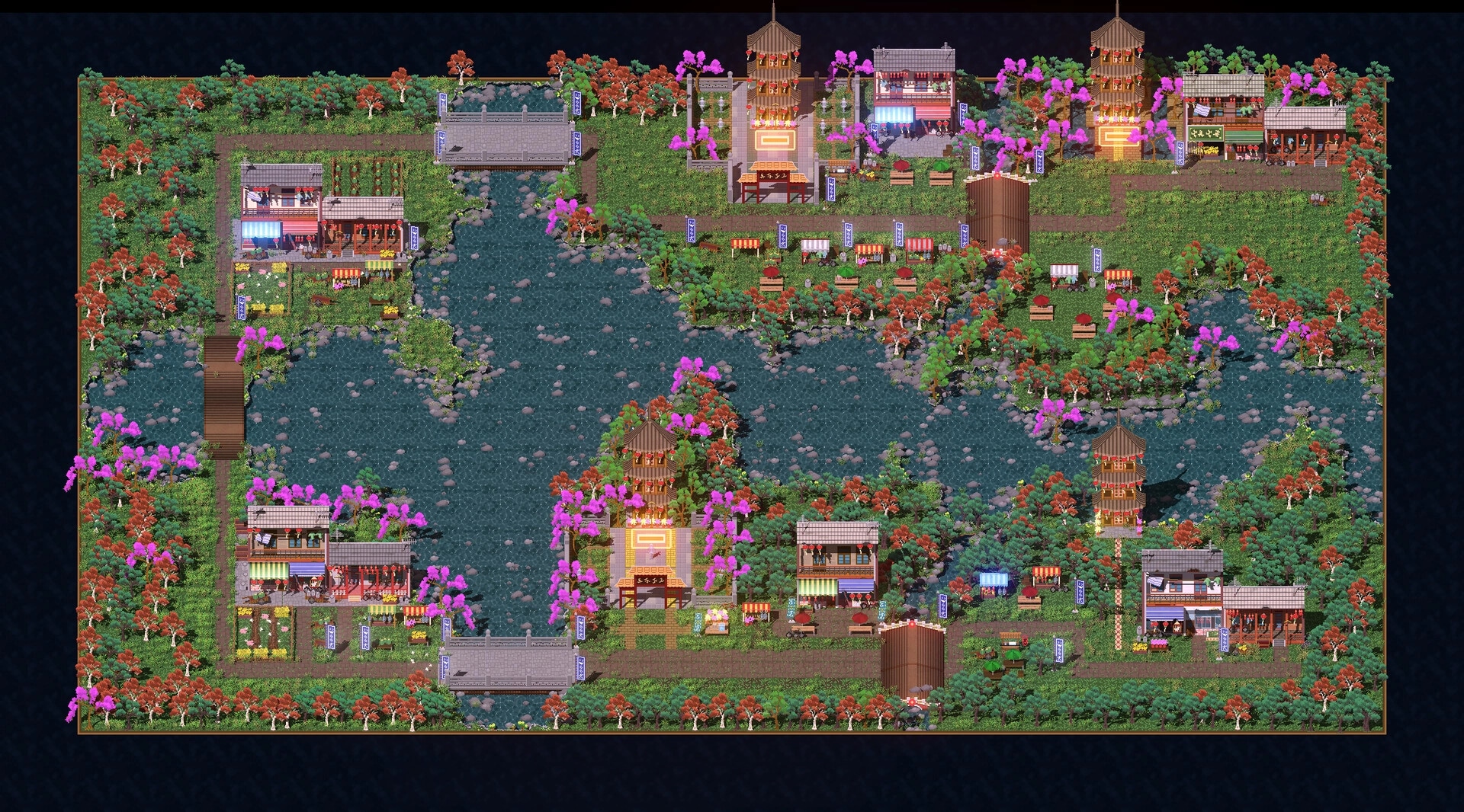 Gangs Of Asia: Overhead view of lush village with pagodas, vibrant trees, and market stalls along river.