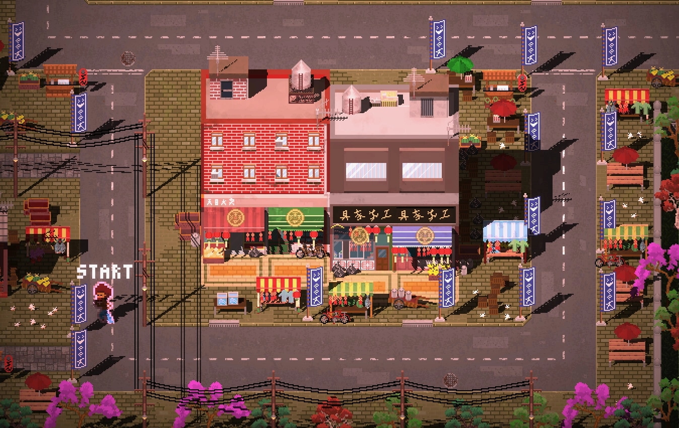 Gangs Of Asia: Overhead street view with market stalls, banners, and a character near the "START" sign.