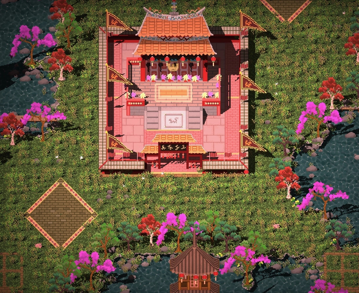 Gangs Of Asia: Central temple fortress surrounded by lush gardens and cherry blossom trees in spring setting